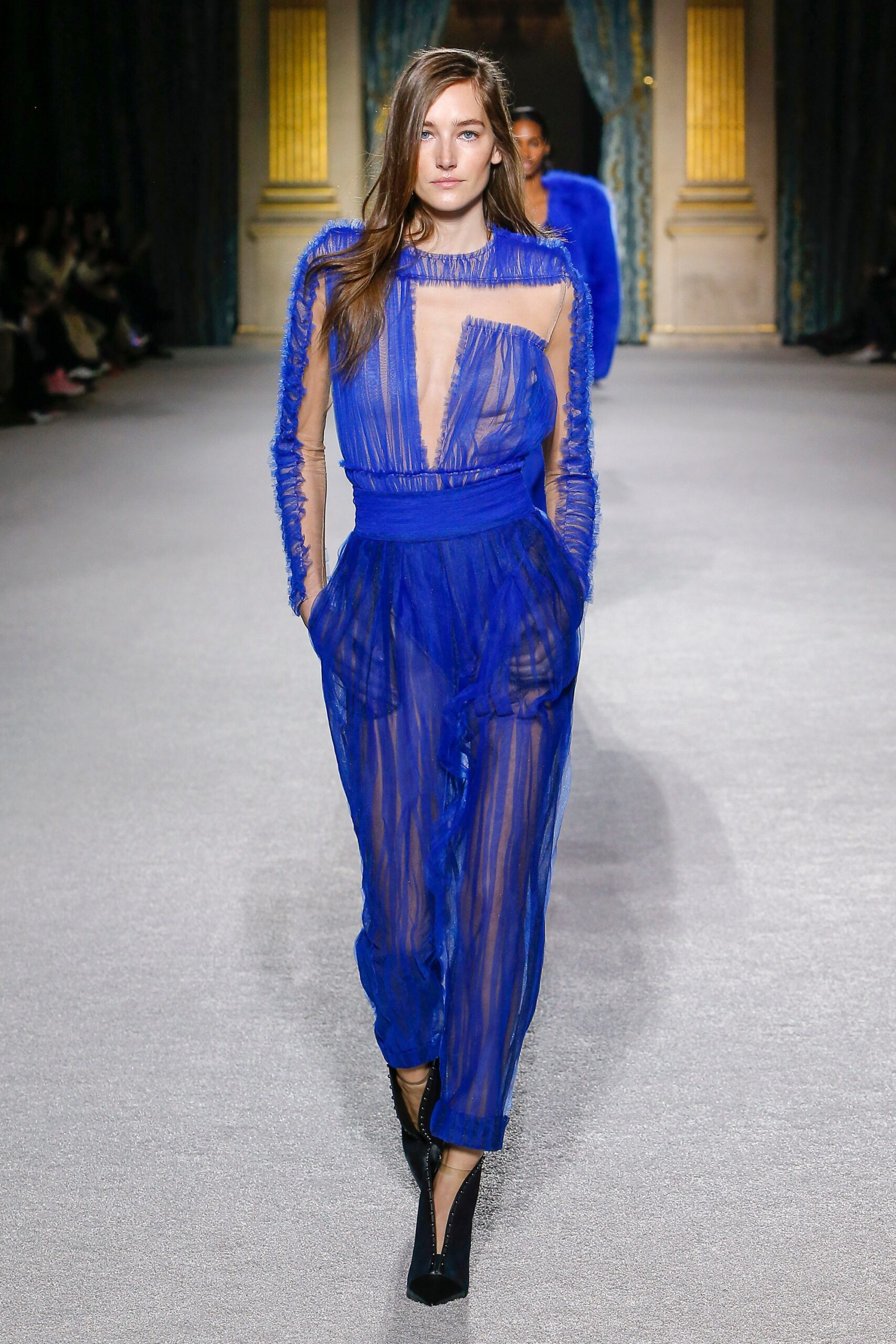 blue sheer long-sleeve jumpsuit