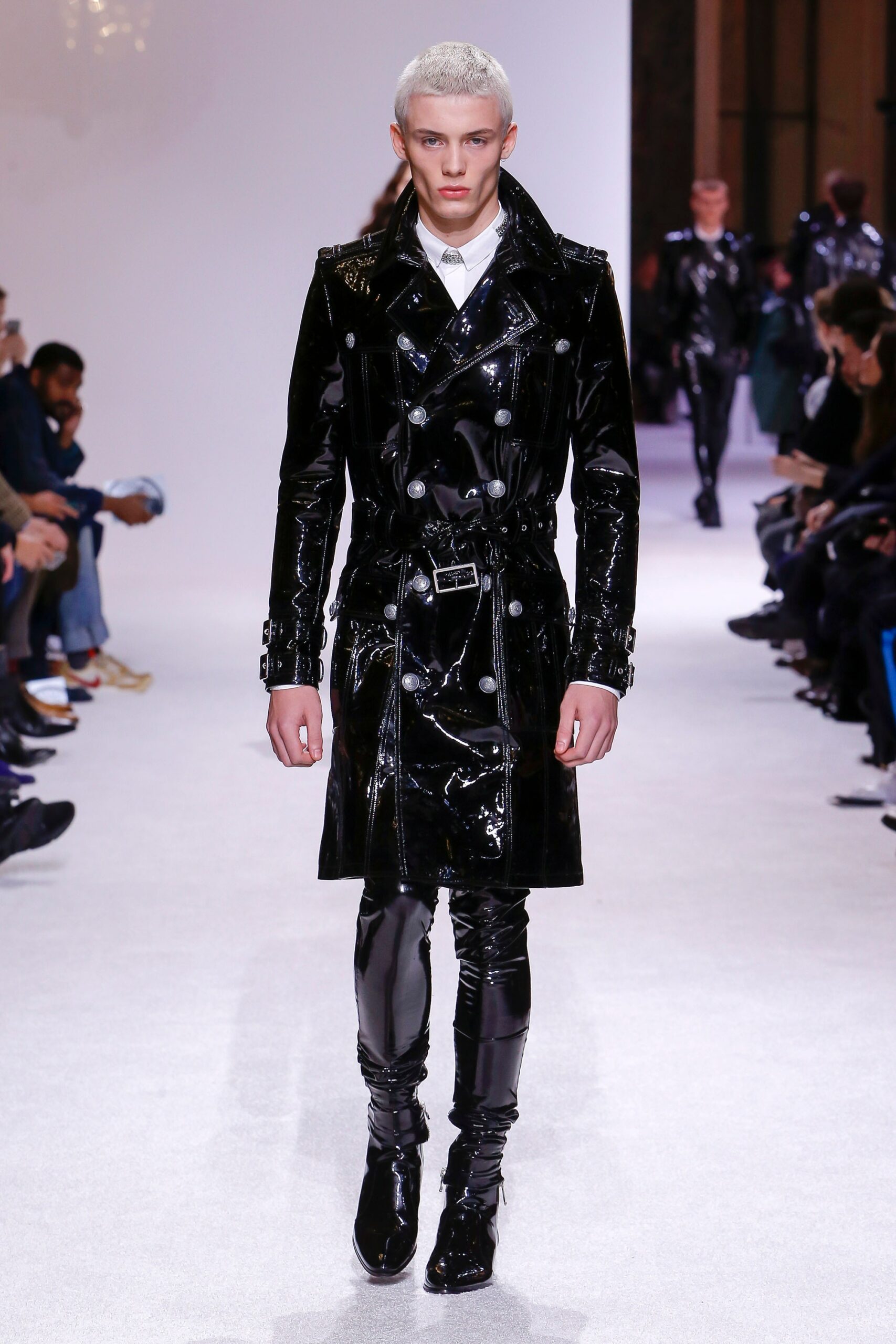 black vinyl long-sleeve collared fitted zippered belted trench
