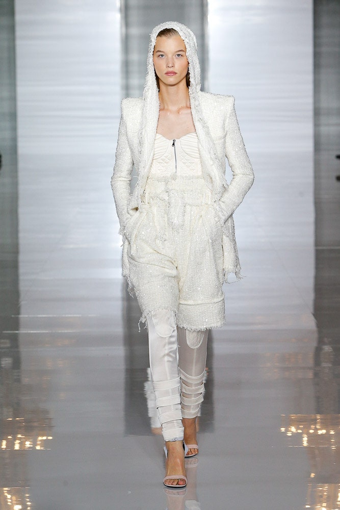 white tweed jacket with jumpsuit