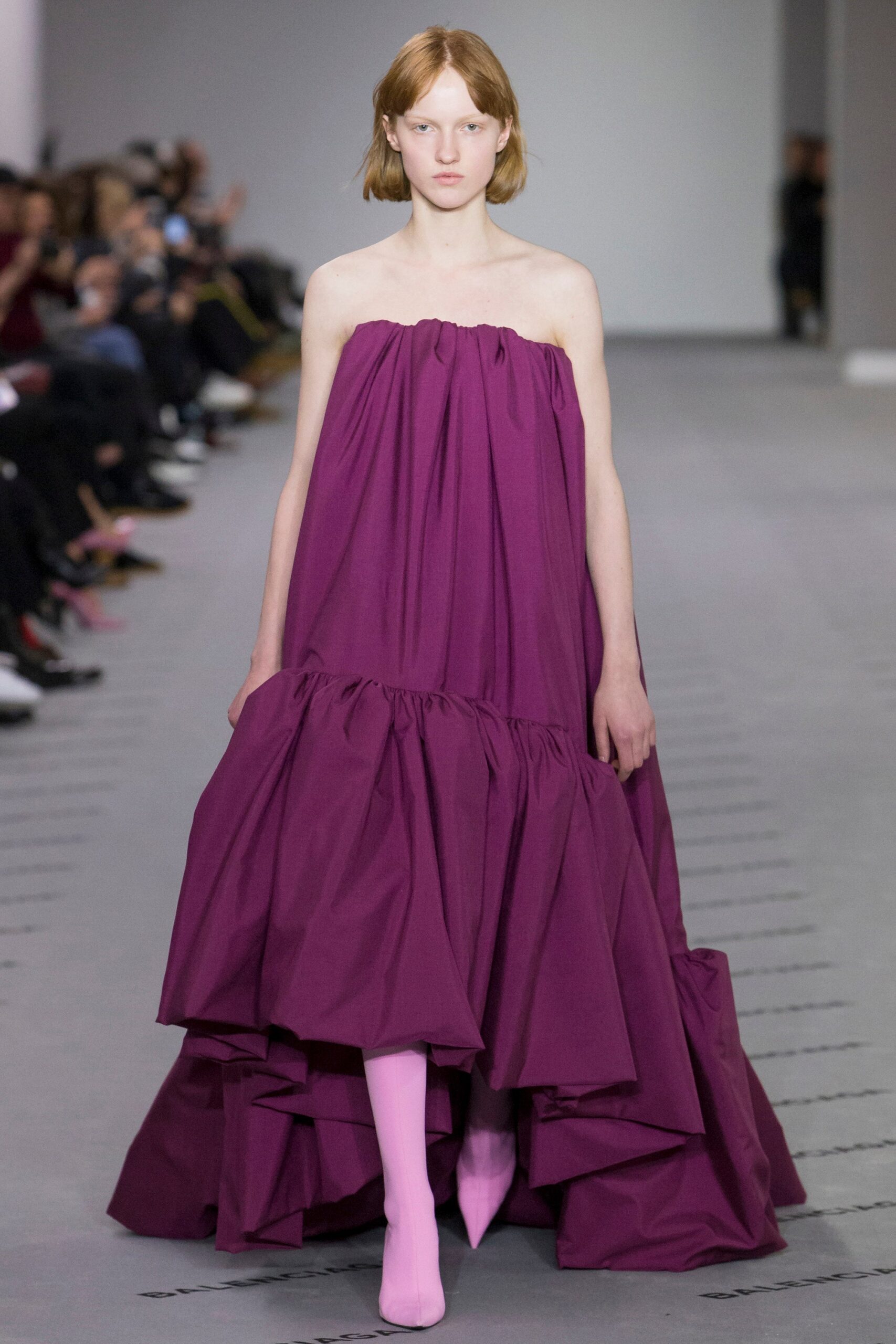 purple tiered strapless gown