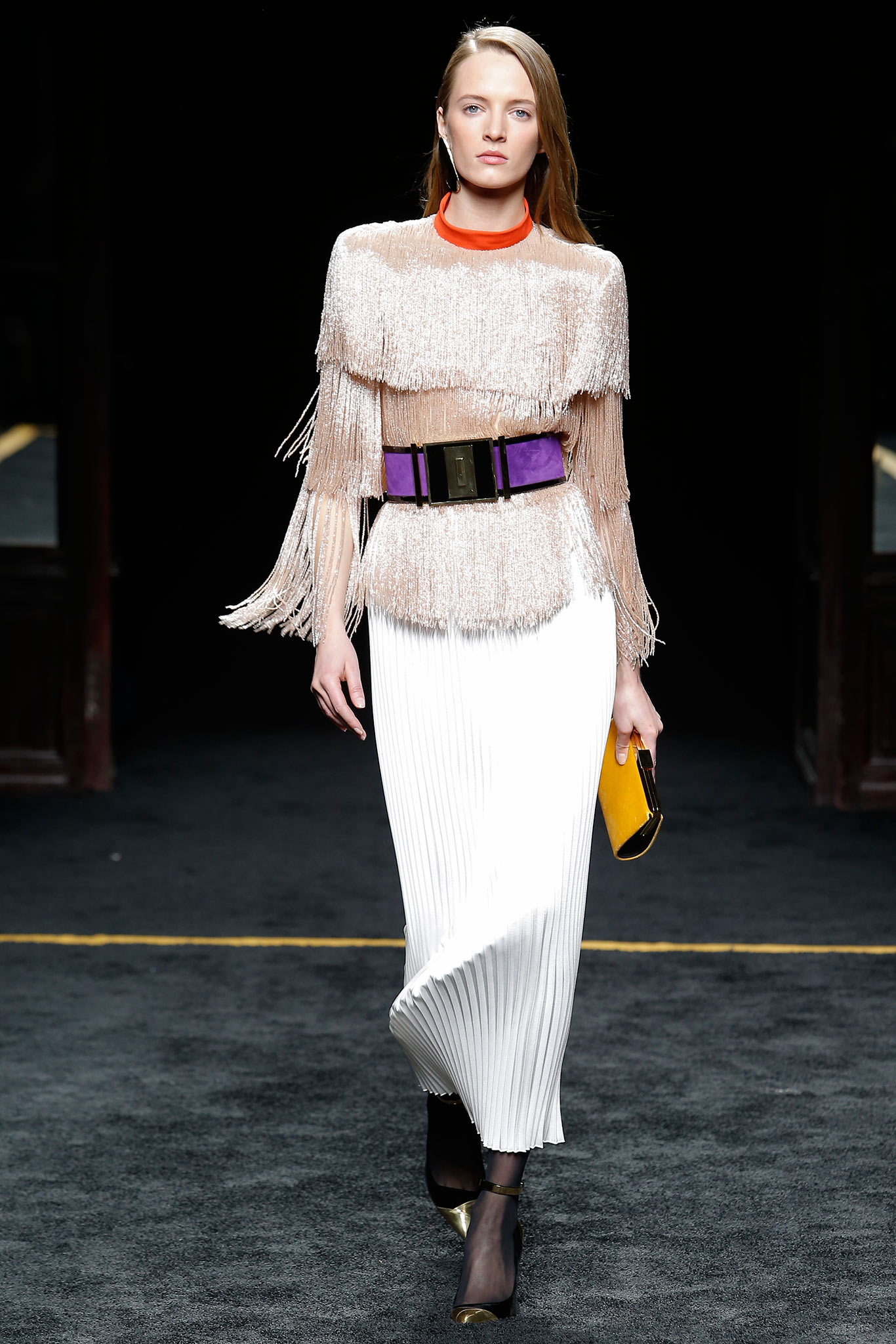 beige silk long-sleeve high-neck fitted fringed top