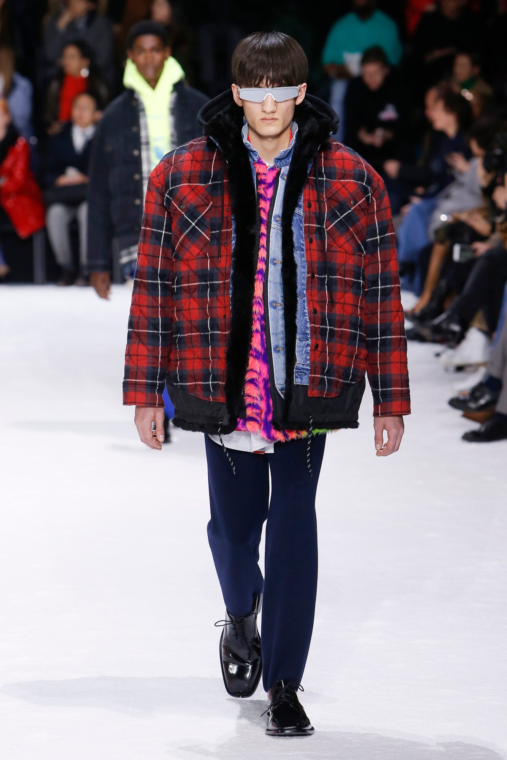 red checked jacket with printed shirt