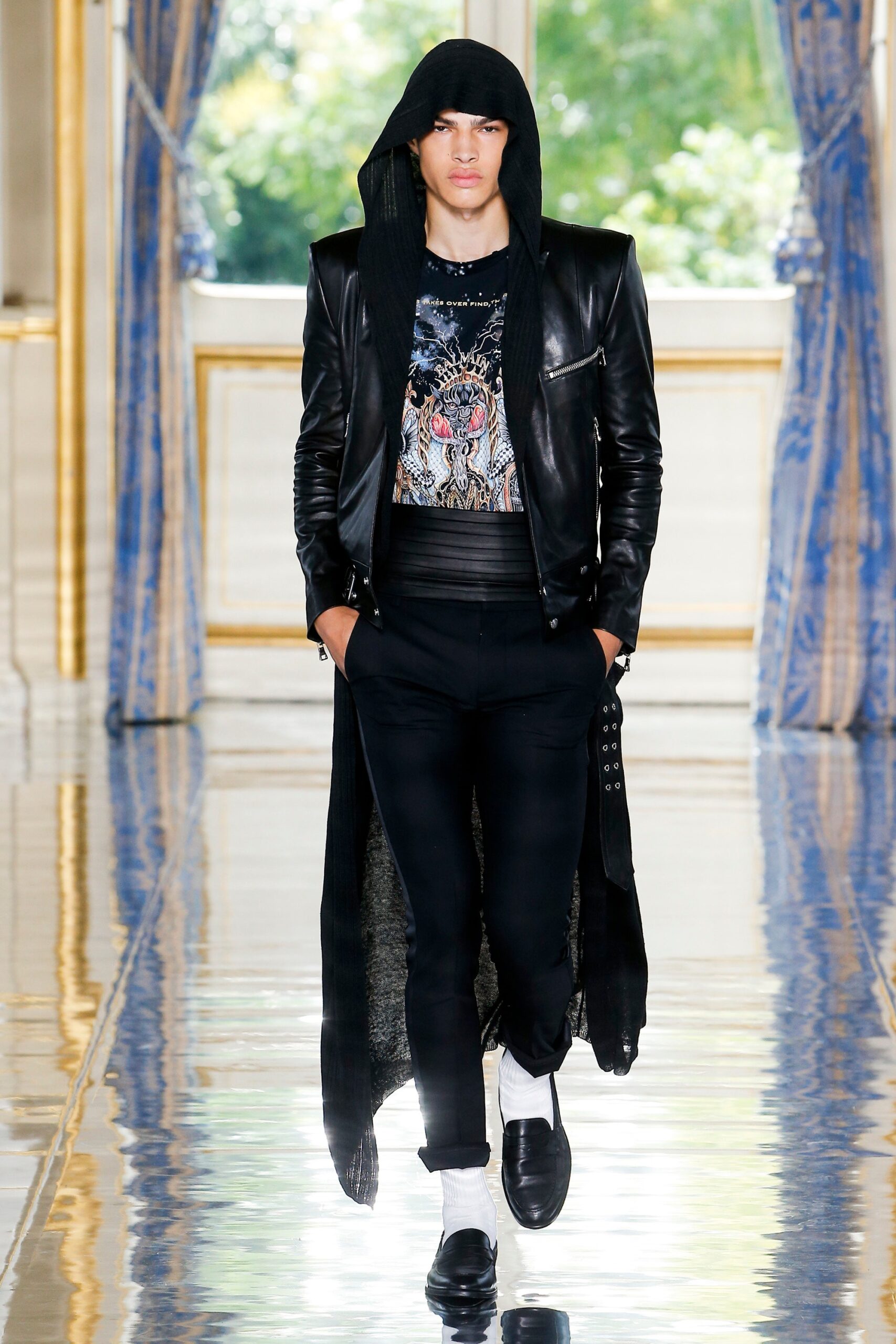 black leather coat with printed top