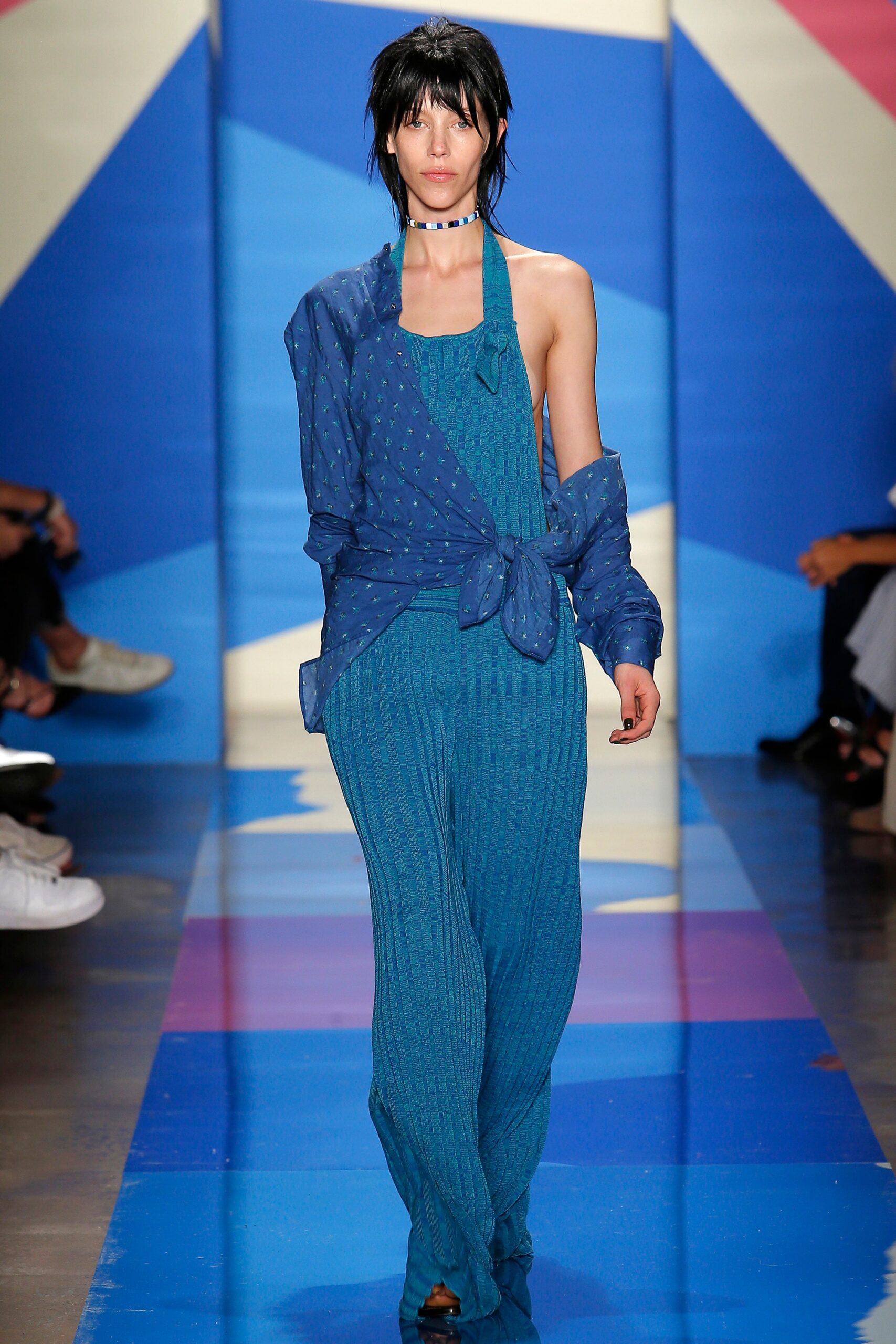 blue fitted jumpsuit with relaxed top