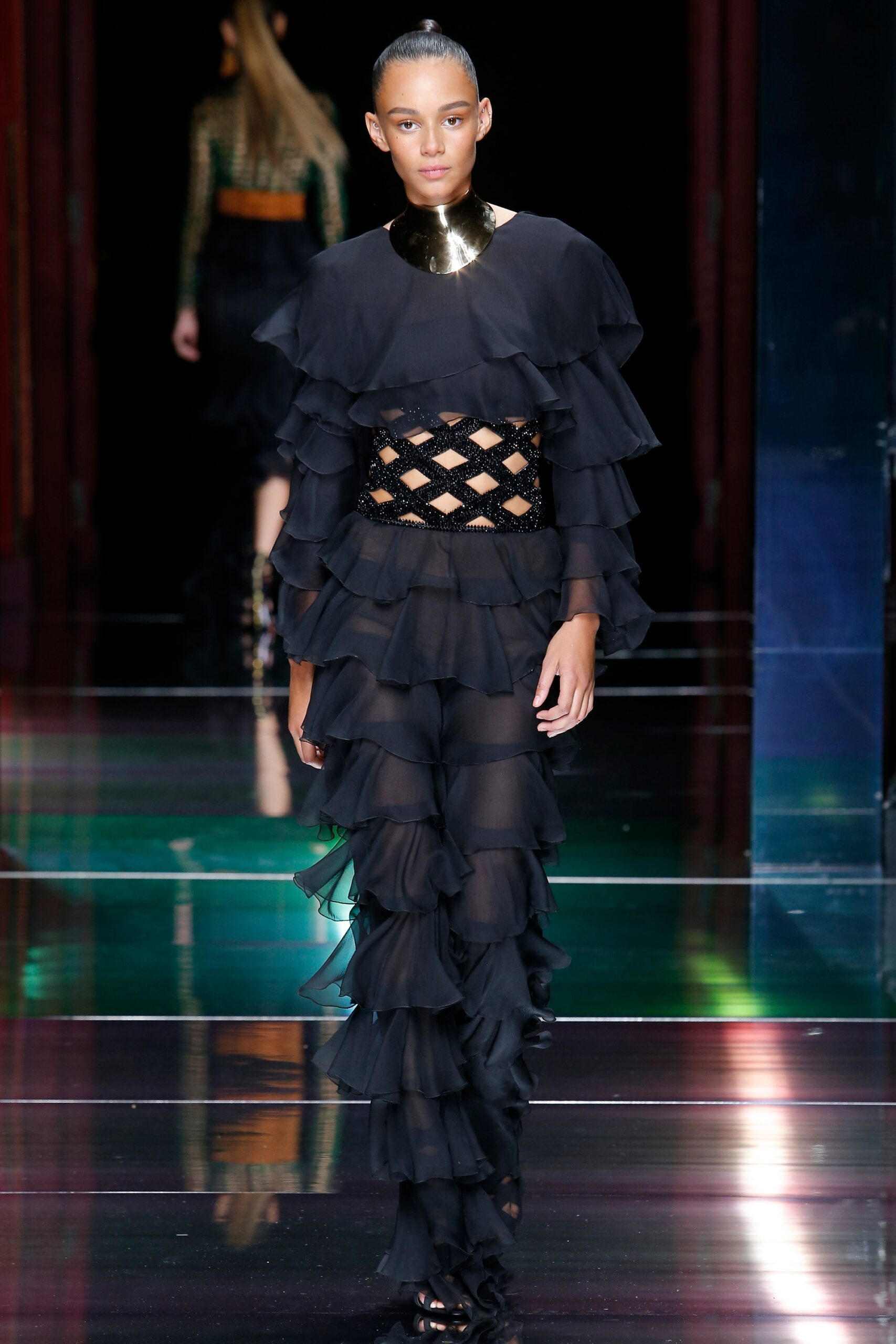 black silk ruffled jumpsuit
