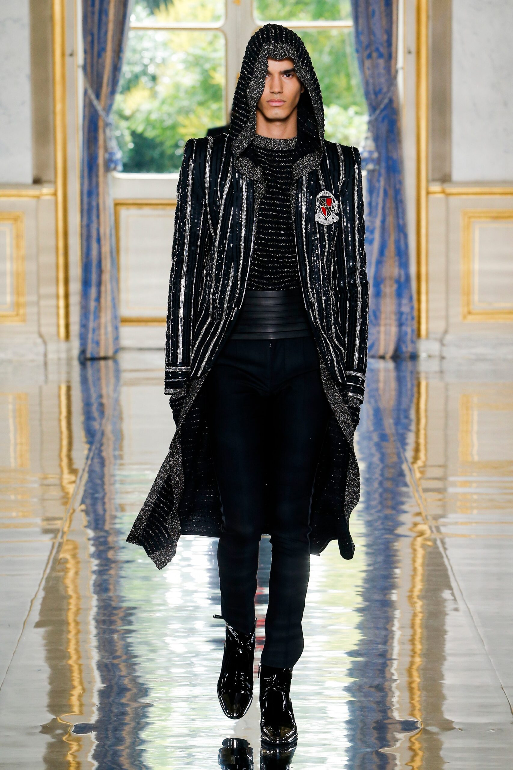 black metallic hooded coat