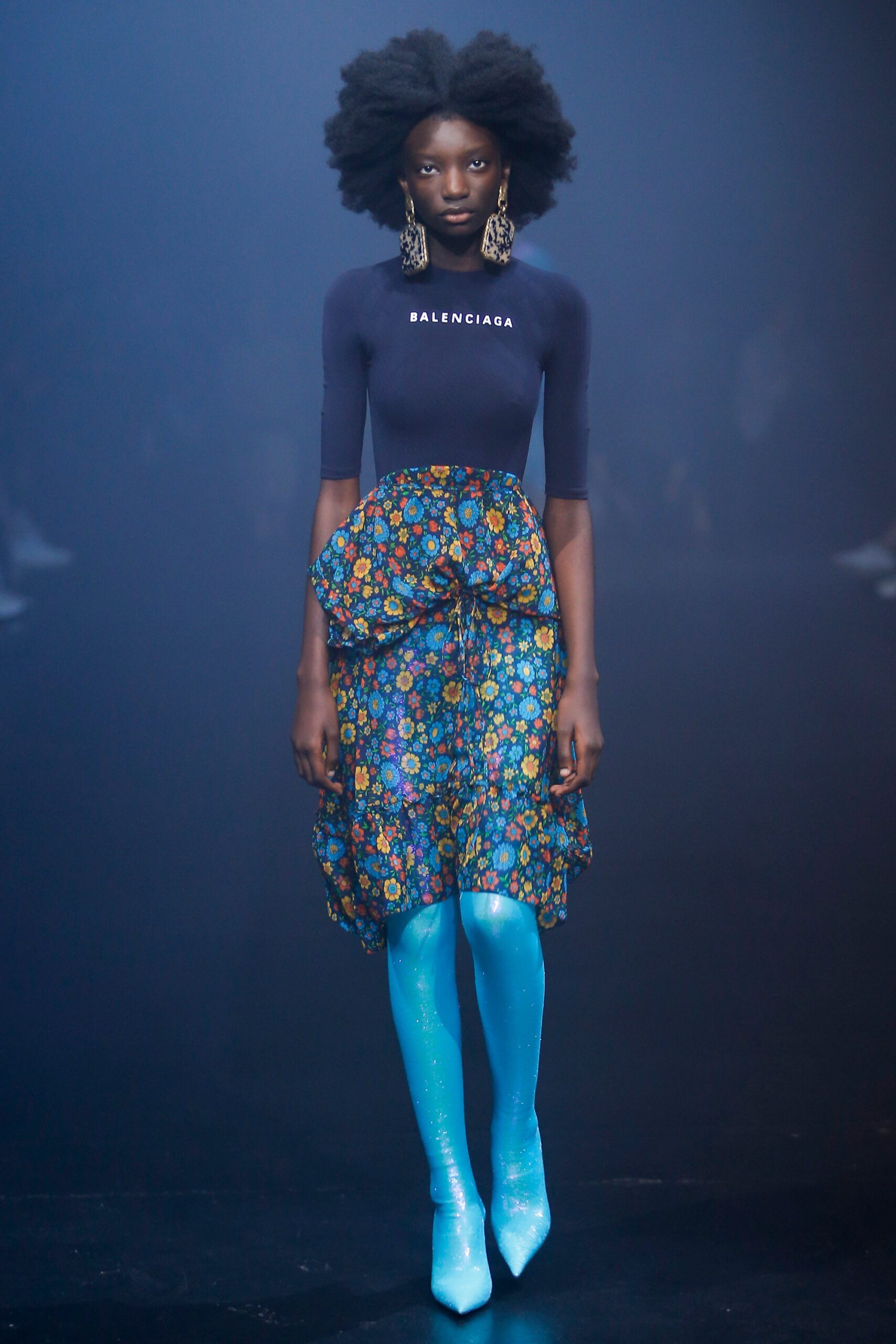 blue fitted top with multi-tiered skirt