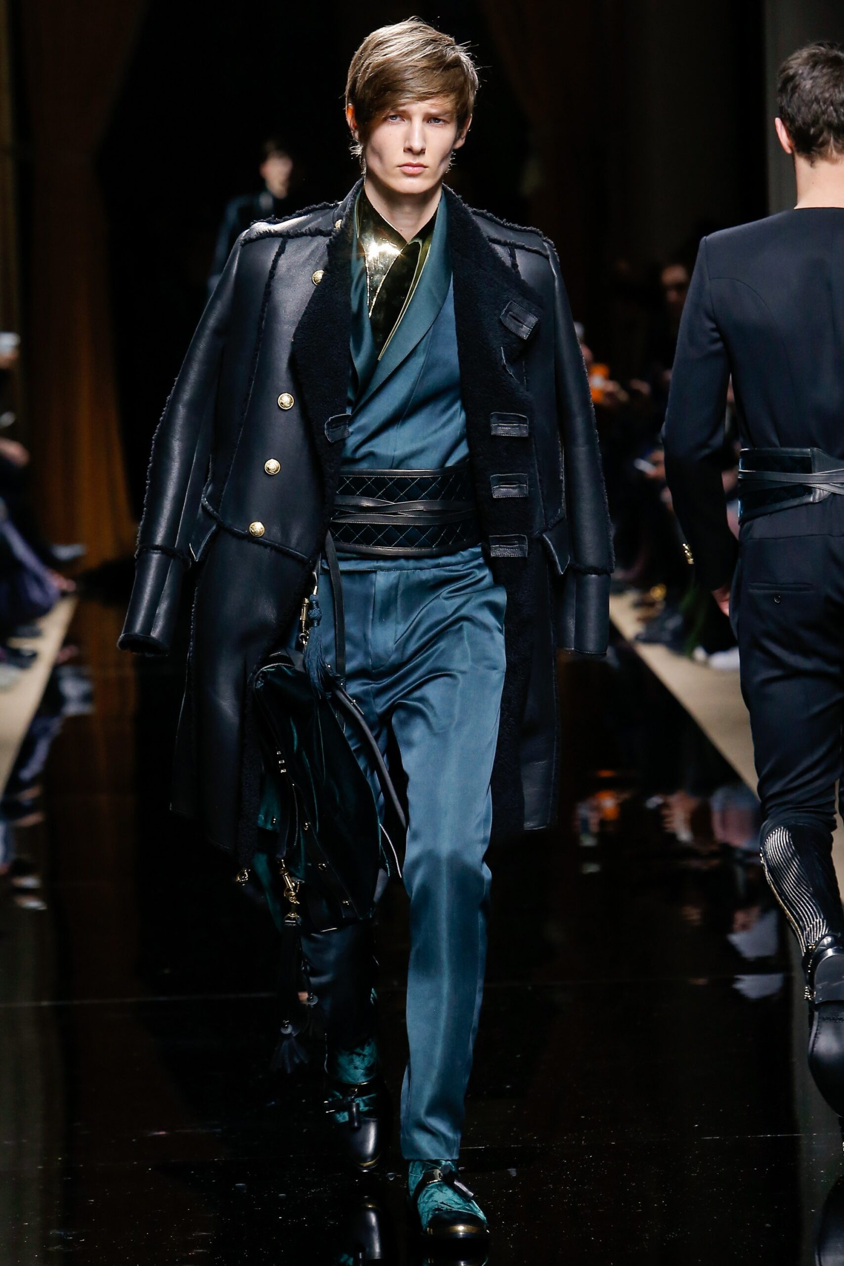 blue silk long-sleeve collared tailored zippered suit