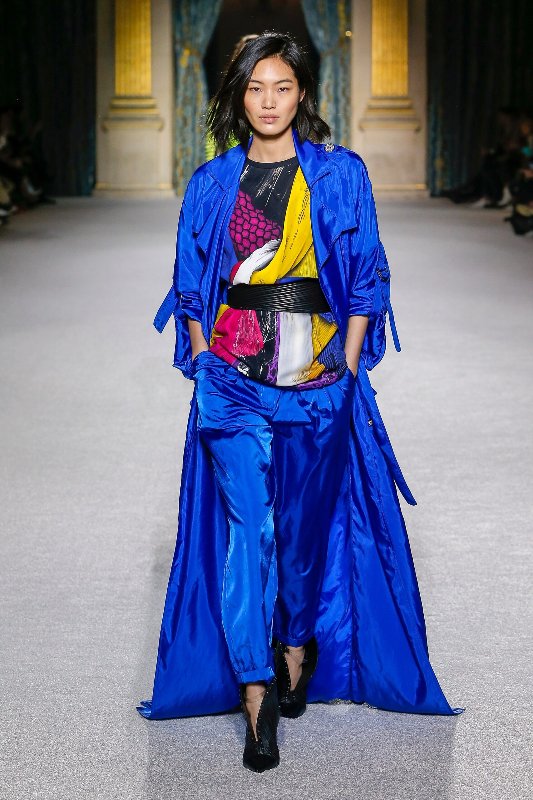 blue silk coat with printed top