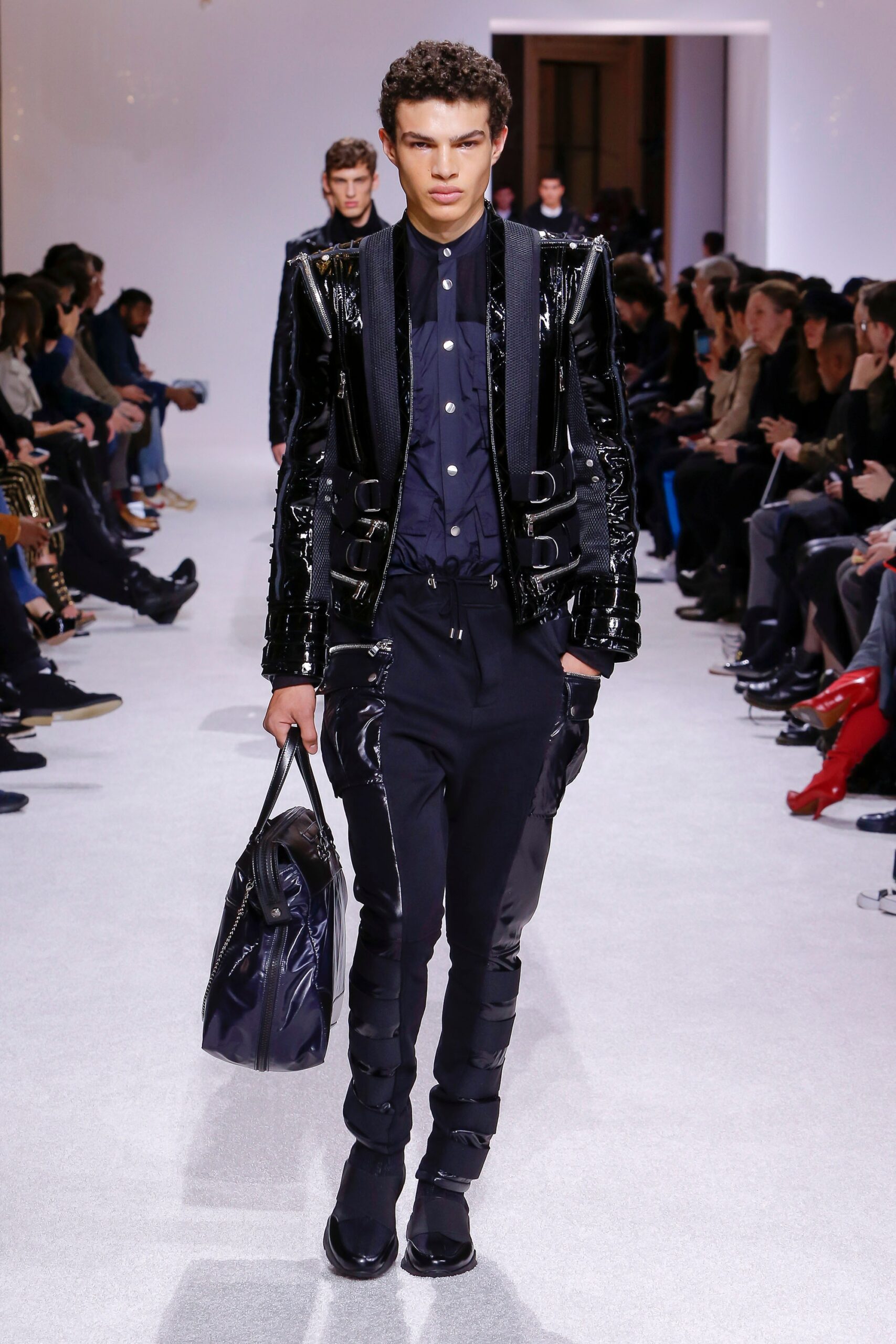 black leather fitted jacket and pants