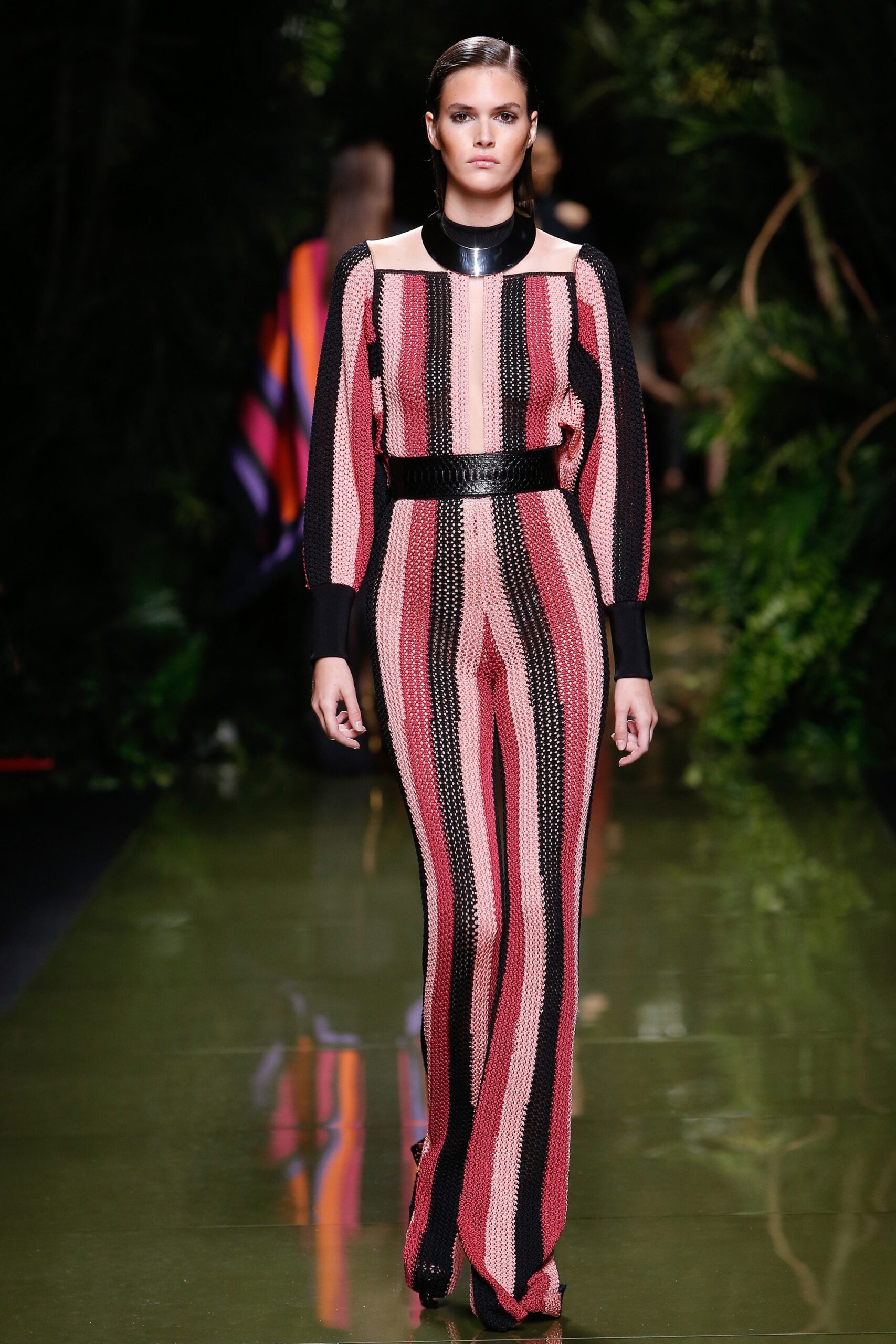 fitted striped mesh jumpsuit