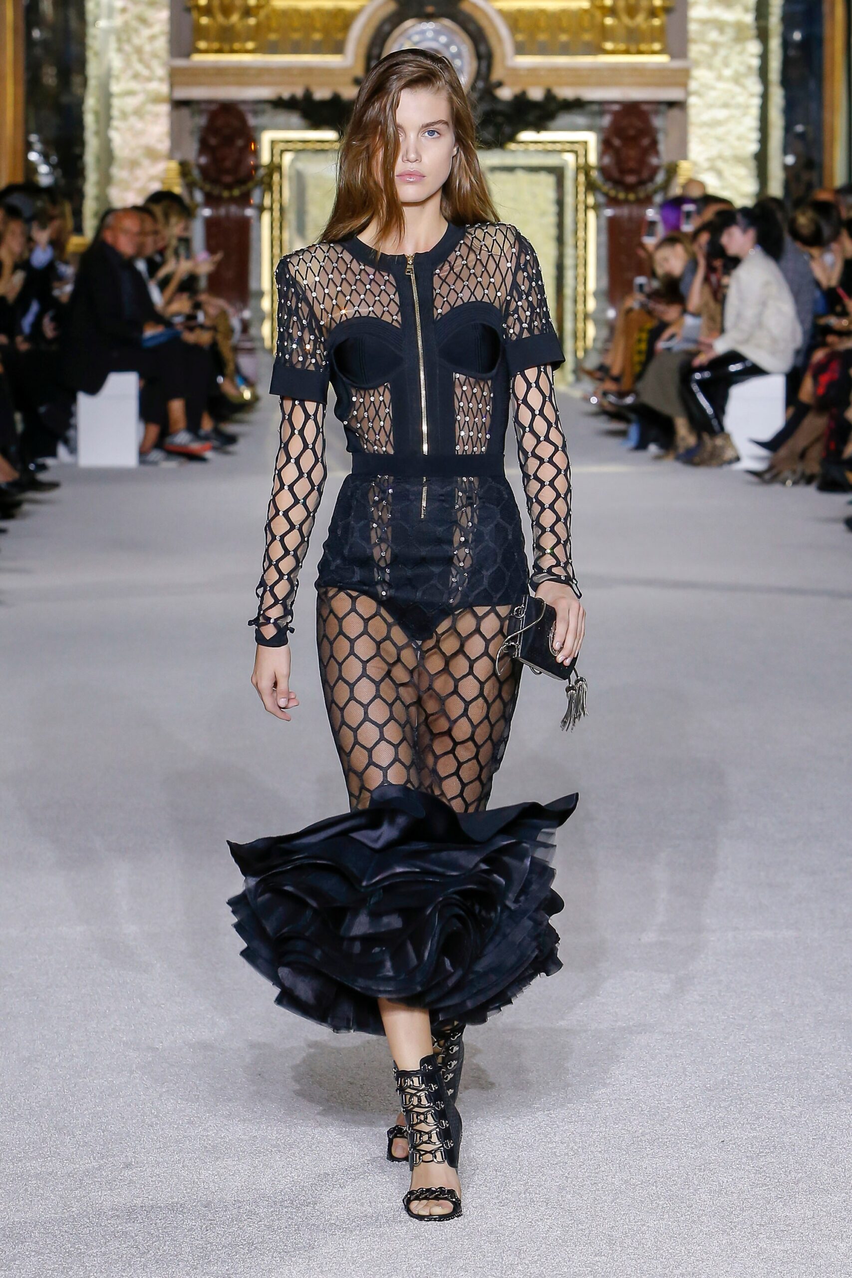 black mesh midi dress with ruched skirt