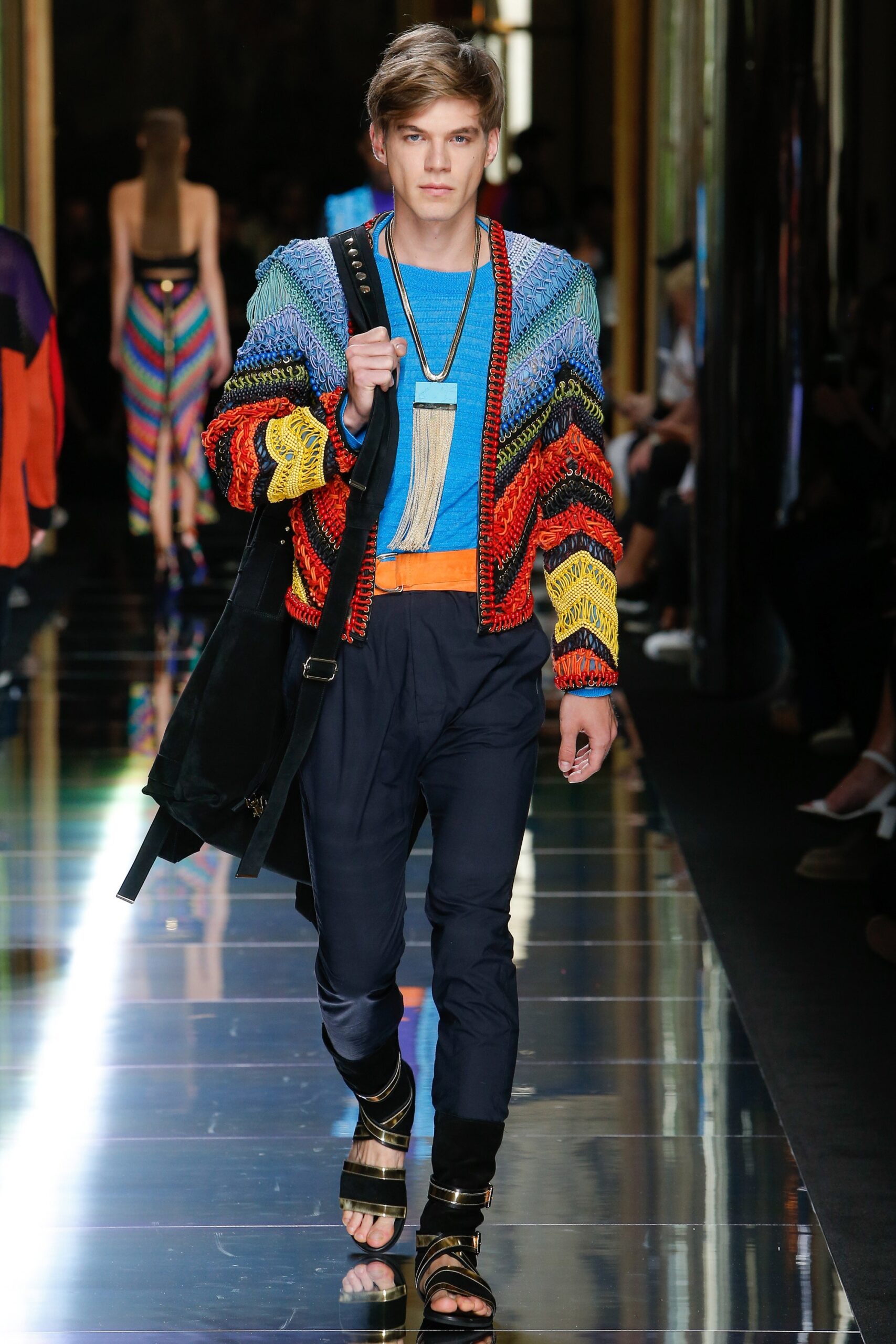 multi-colored cardigan with blue top