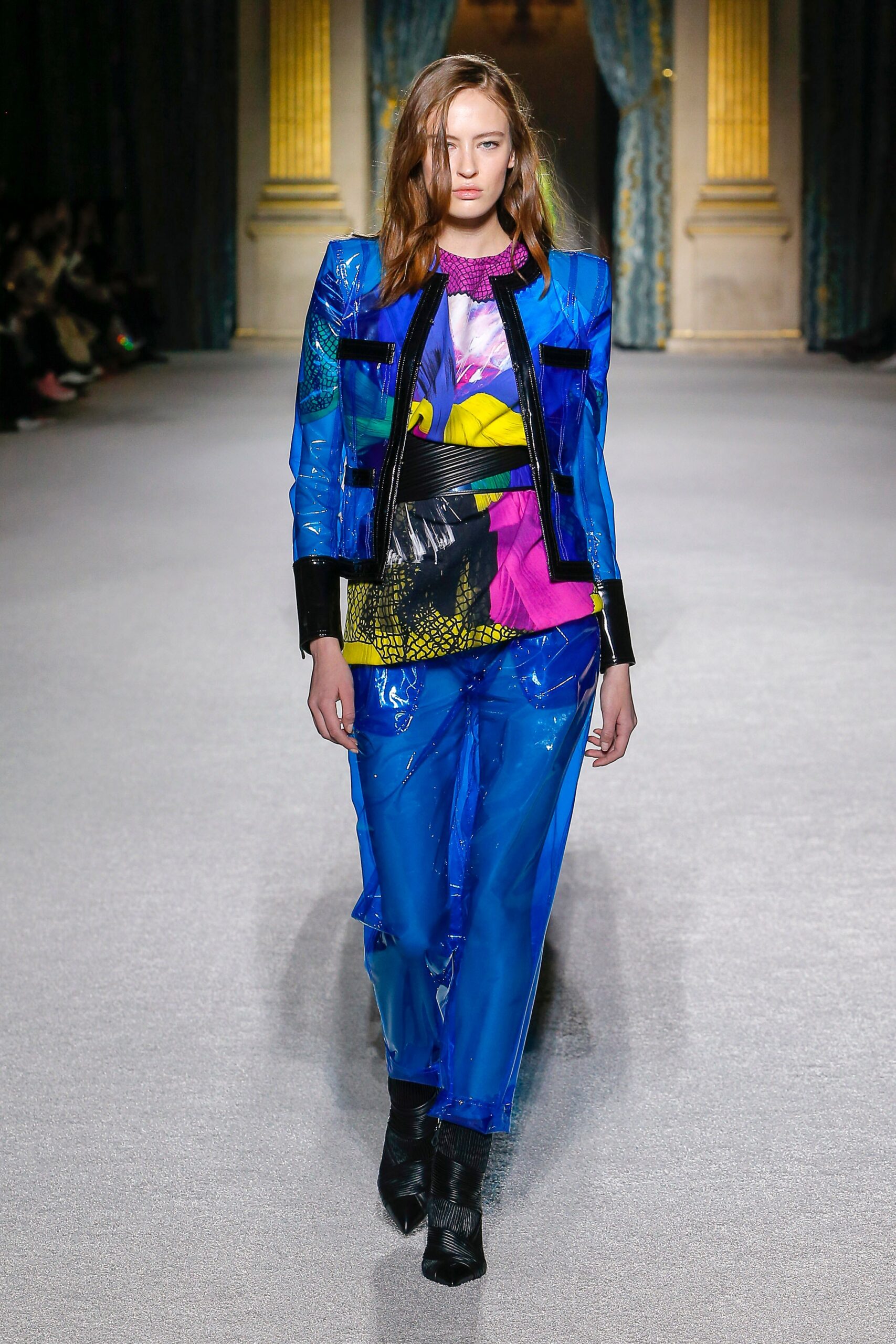 blue vinyl fitted jacket and pants