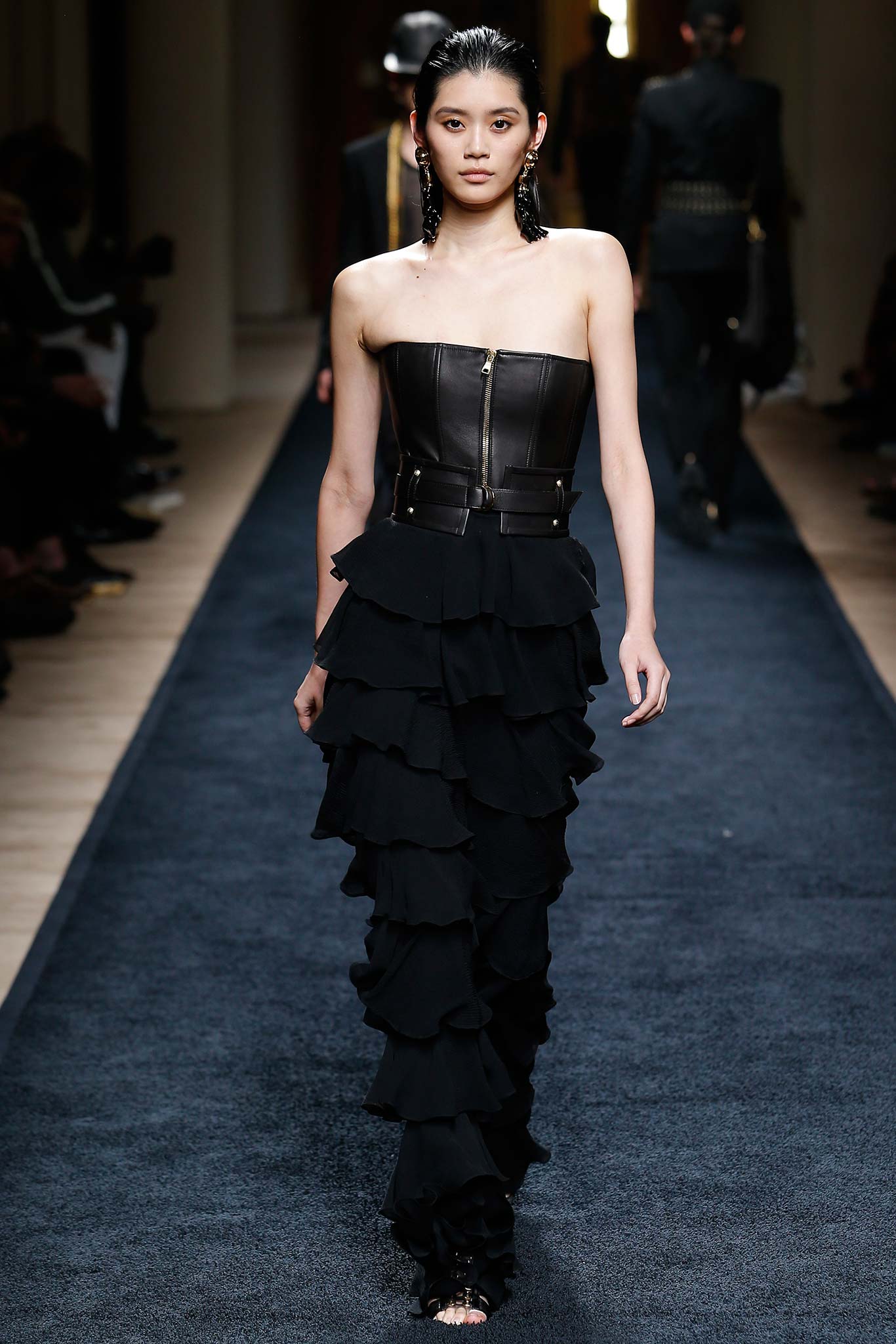 black leather strapless ruffled dress