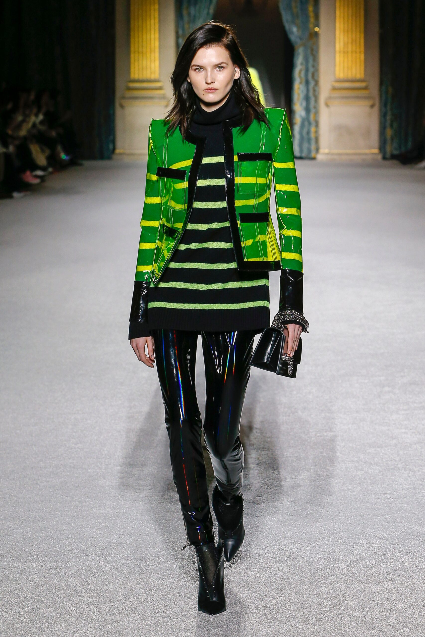 green vinyl jacket with striped top