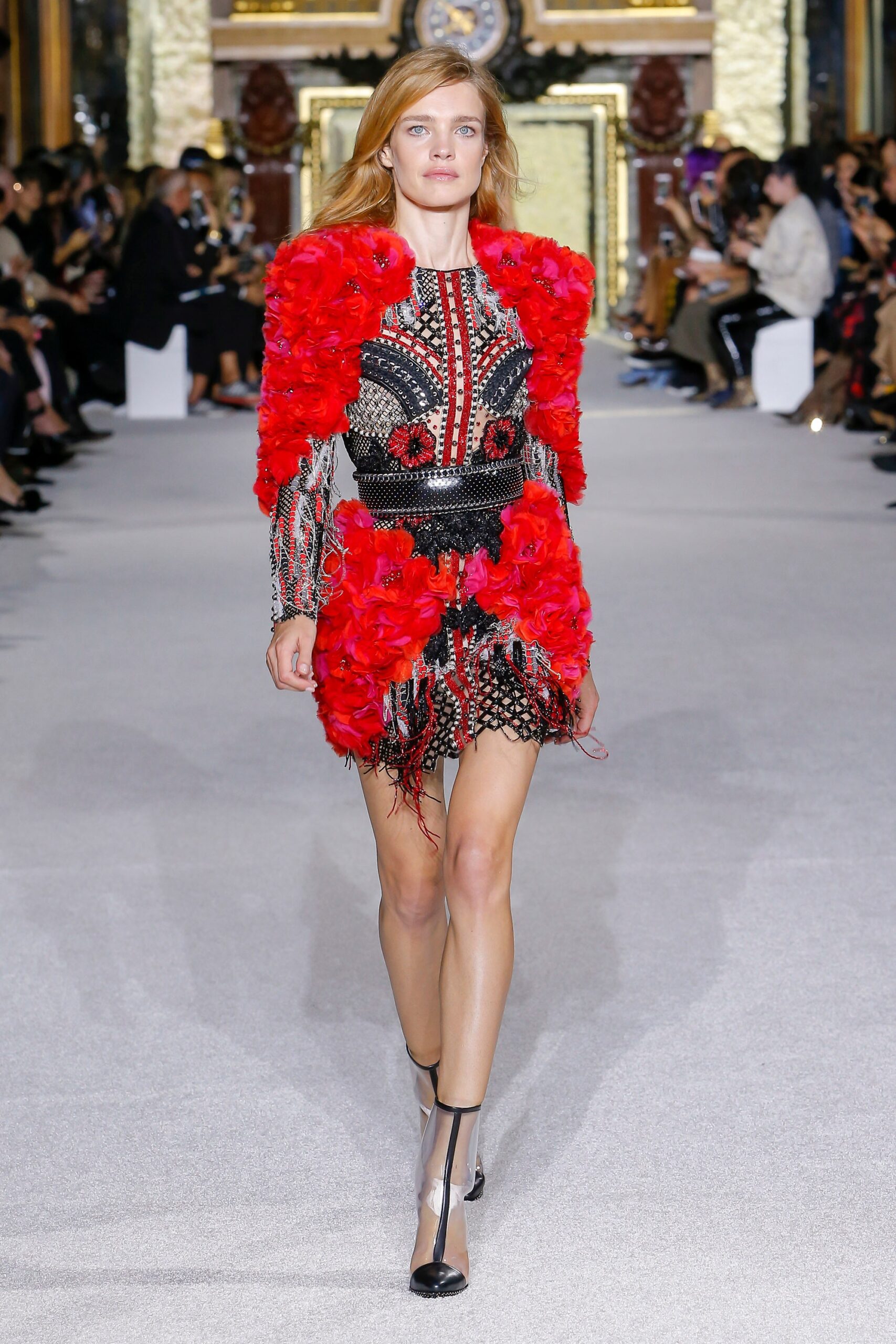 red silk long-sleeve v-neck fitted ruffled embellished dress