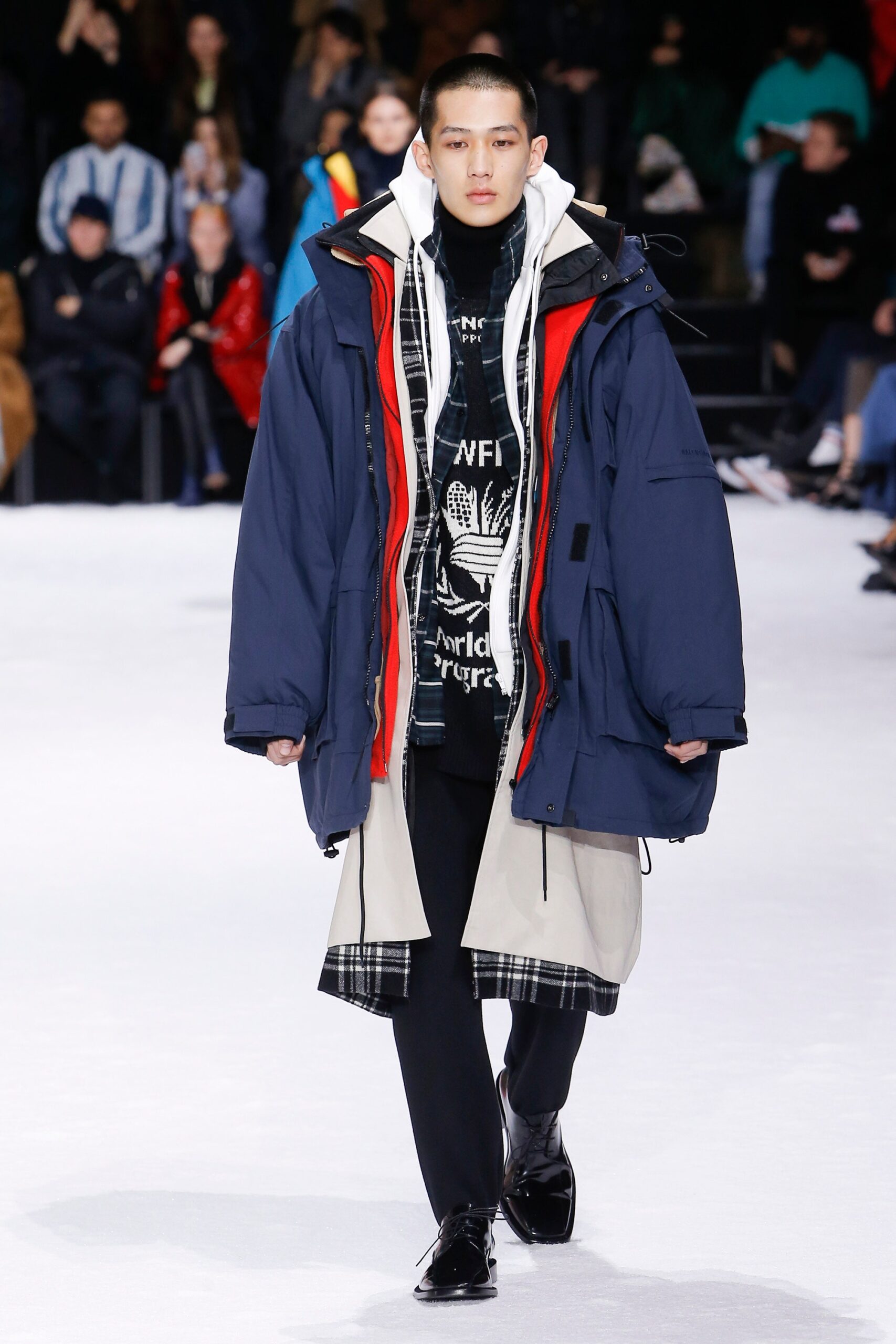 blue cotton long-sleeve collared oversized layered coat