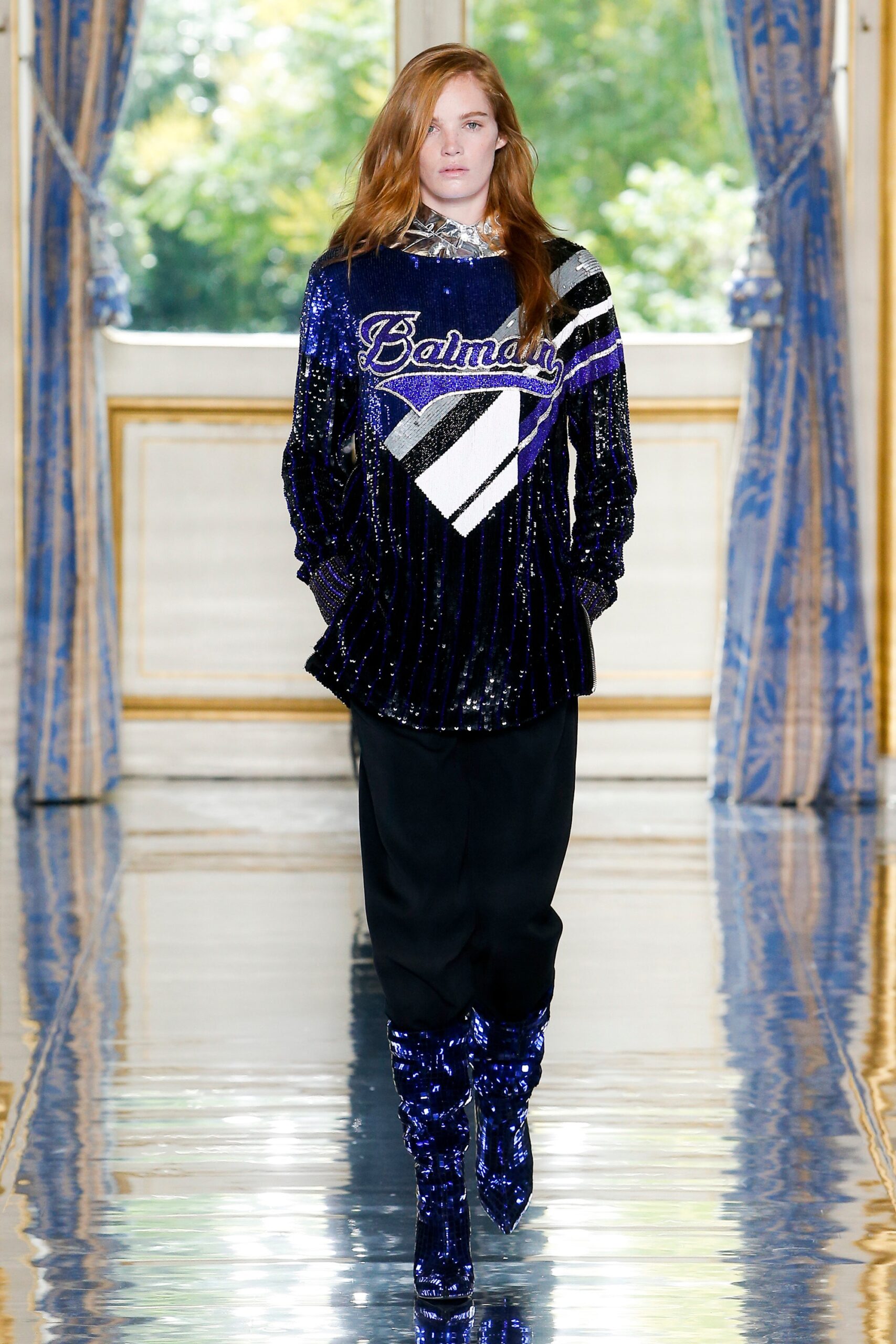 blue sequin top with relaxed pants