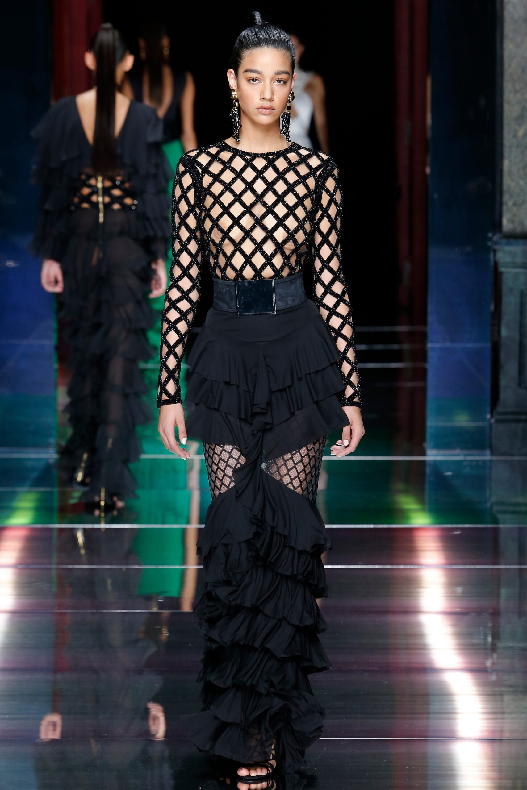 black ruffled midi dress with belt