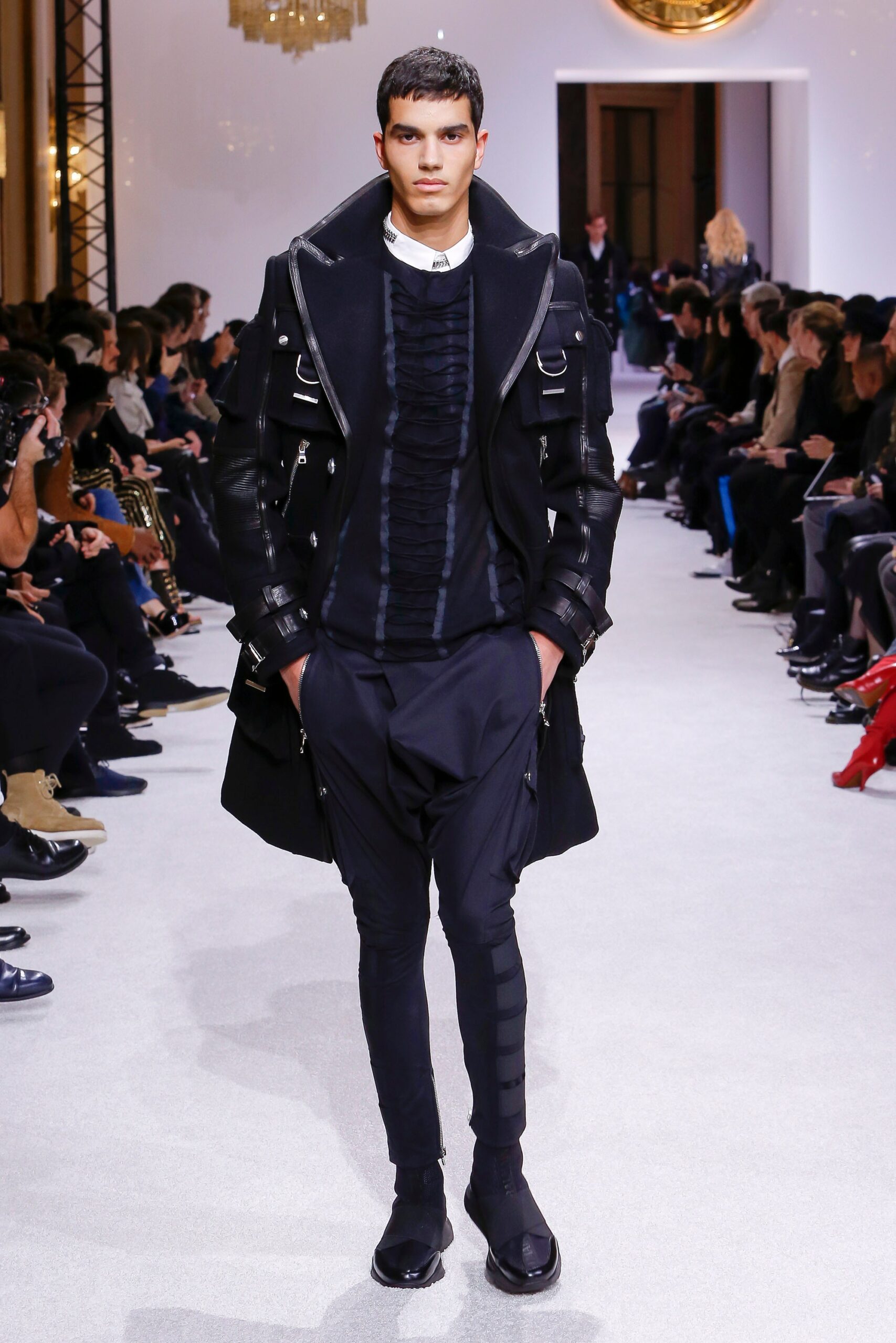 black wool long-sleeve collared structured zippered buttoned coat