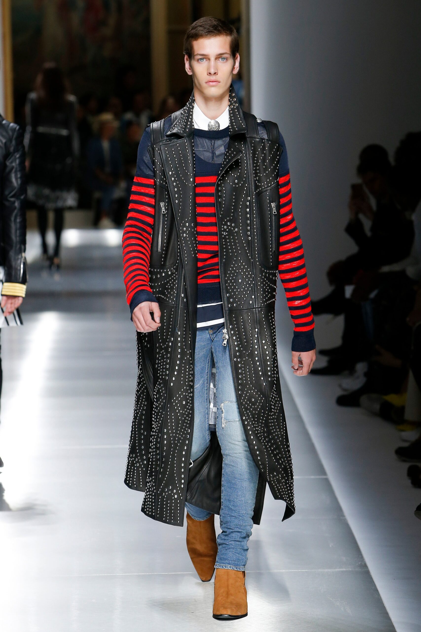 black leather coat with striped top