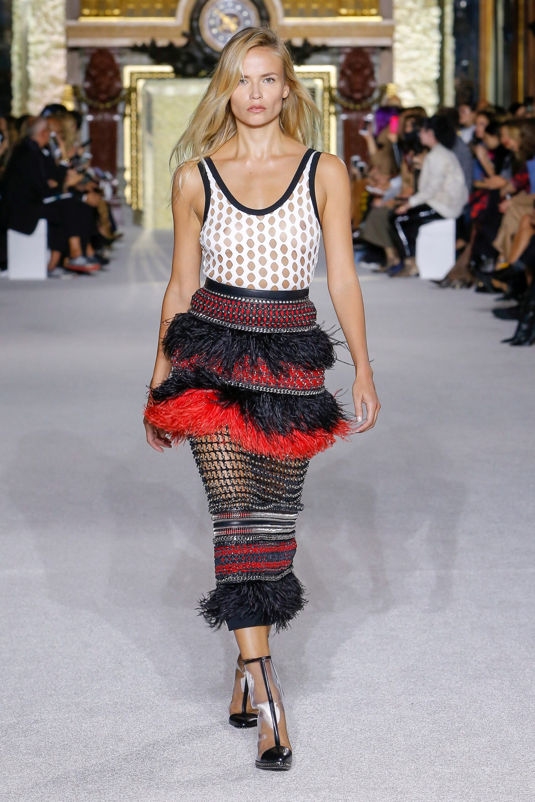 fitted polka-dot top and fringed midi skirt