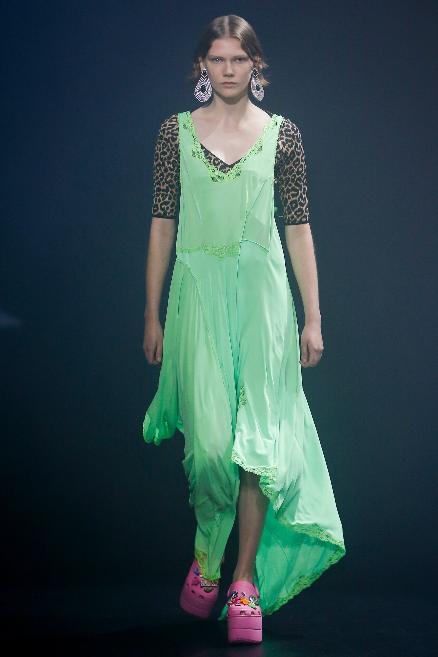green draped maxi dress with animal-print top