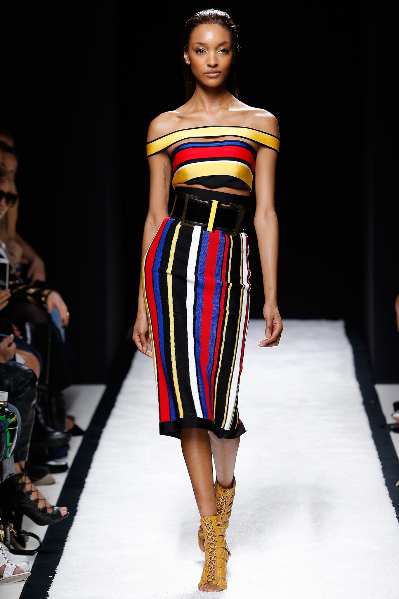 red cotton sleeveless off-shoulder fitted striped pencil dress