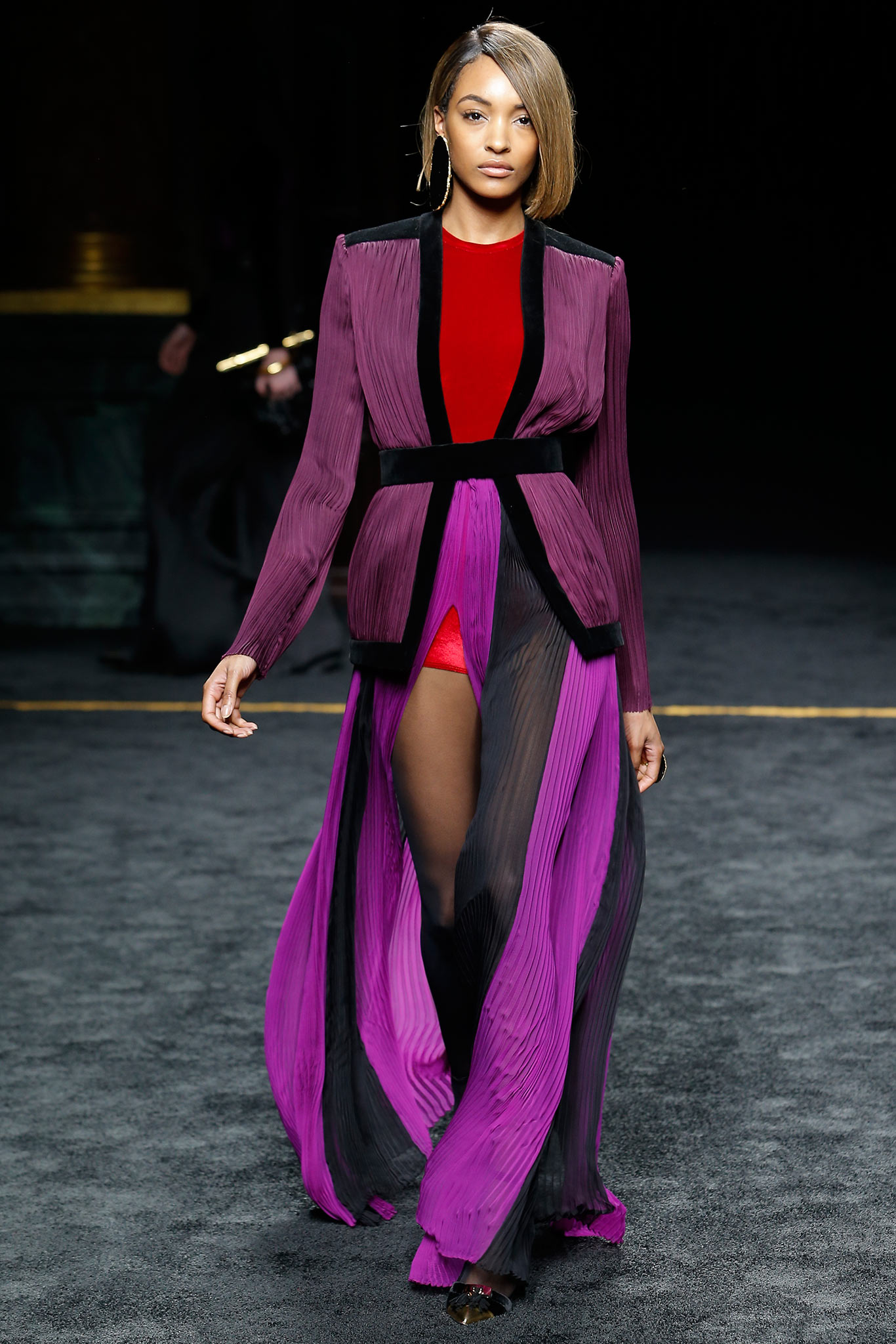 purple silk long-sleeve v-neck fitted pleated layered dress