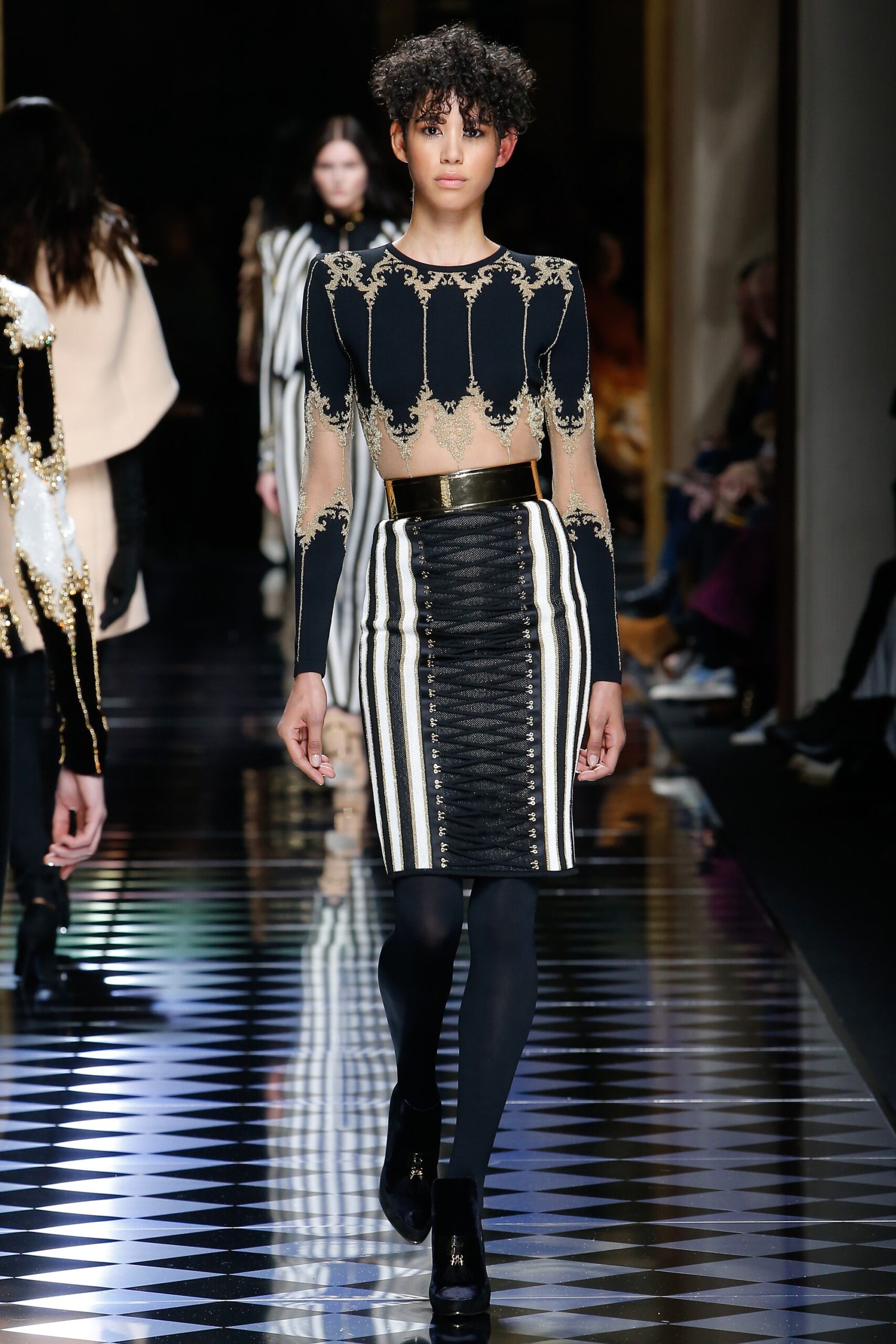 black embroidered fitted top and pencil skirt