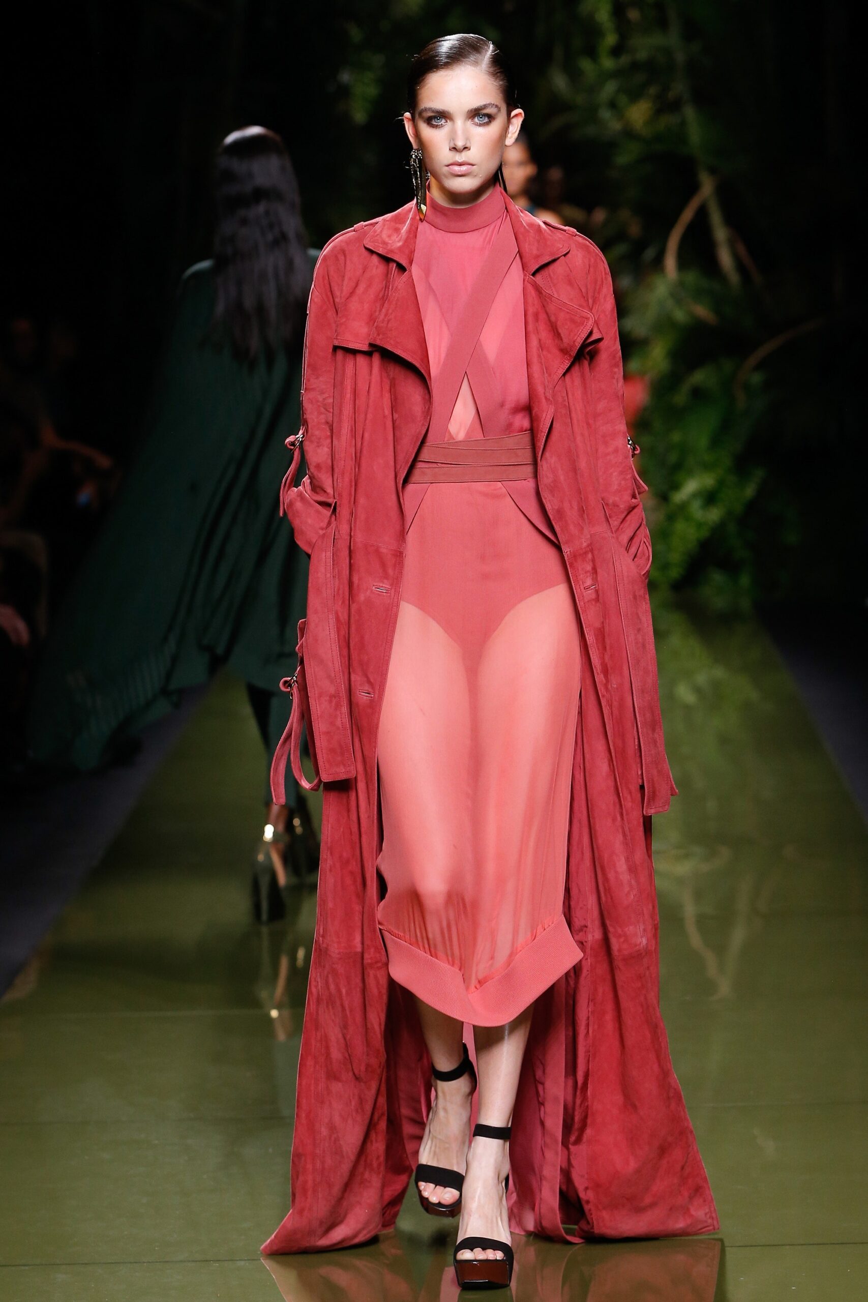 red suede long-sleeve collared fitted draped midi coat