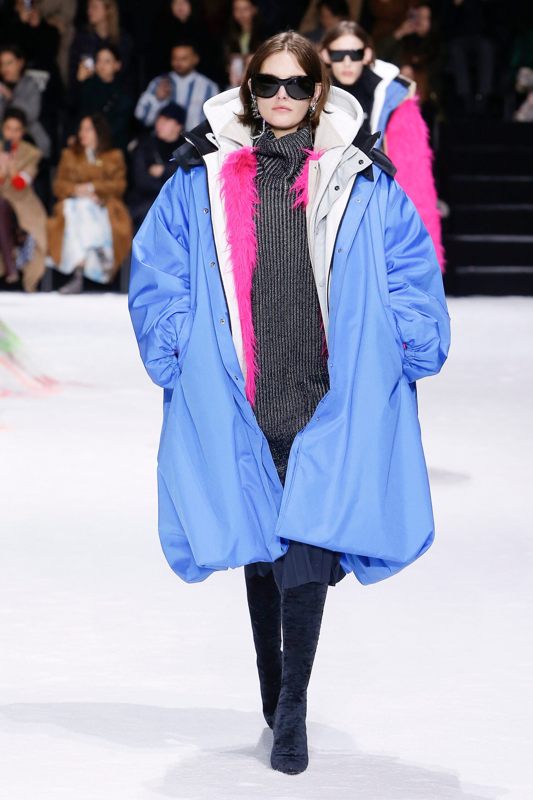 oversized blue coat with gray sweater