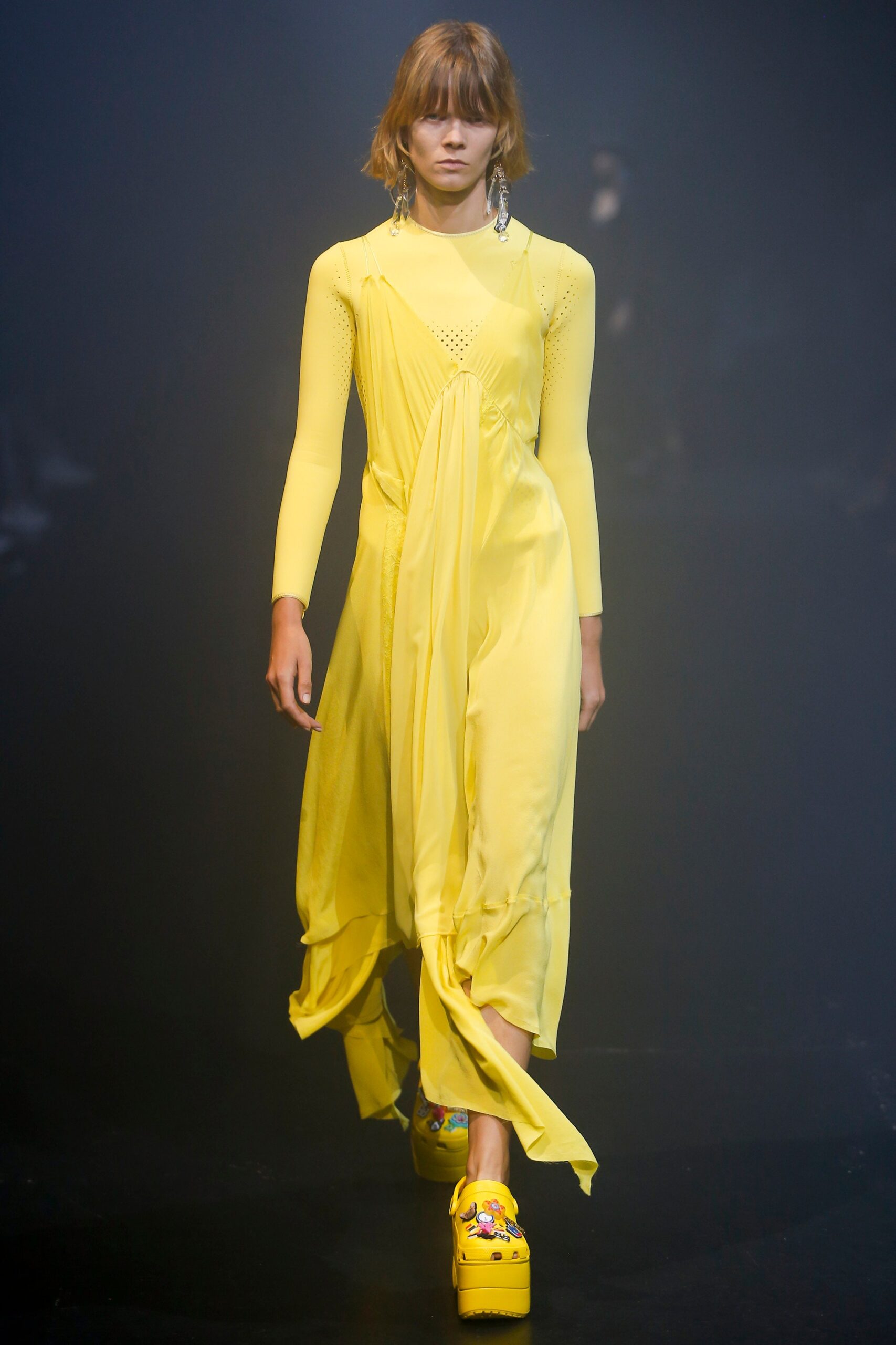 fitted yellow silk midi dress