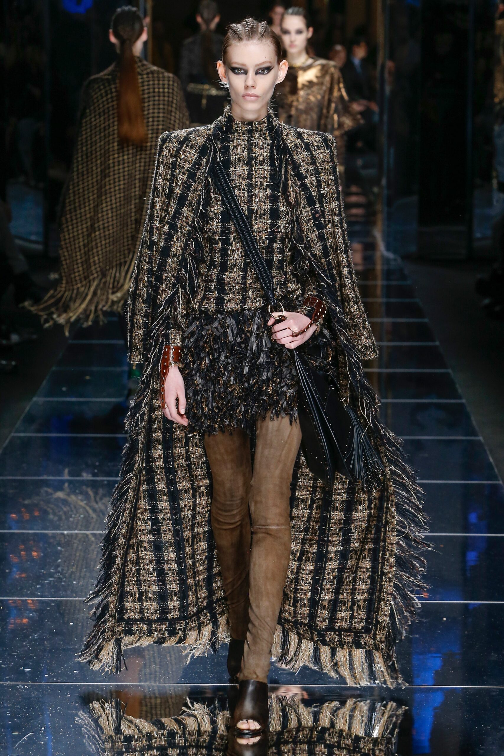 black wool long-sleeve high-neck fitted fringed layered dress