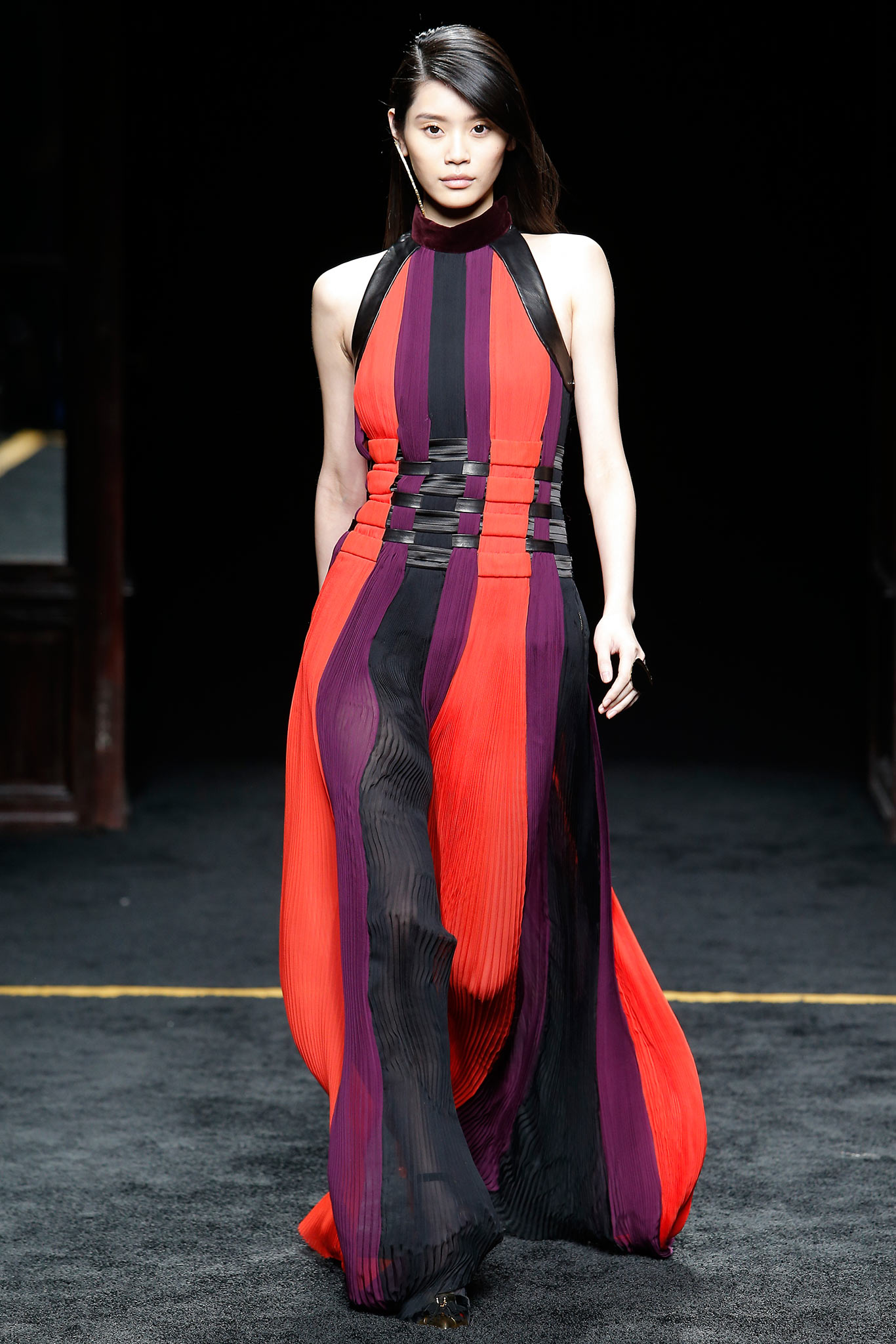 red purple black pleated halter dress