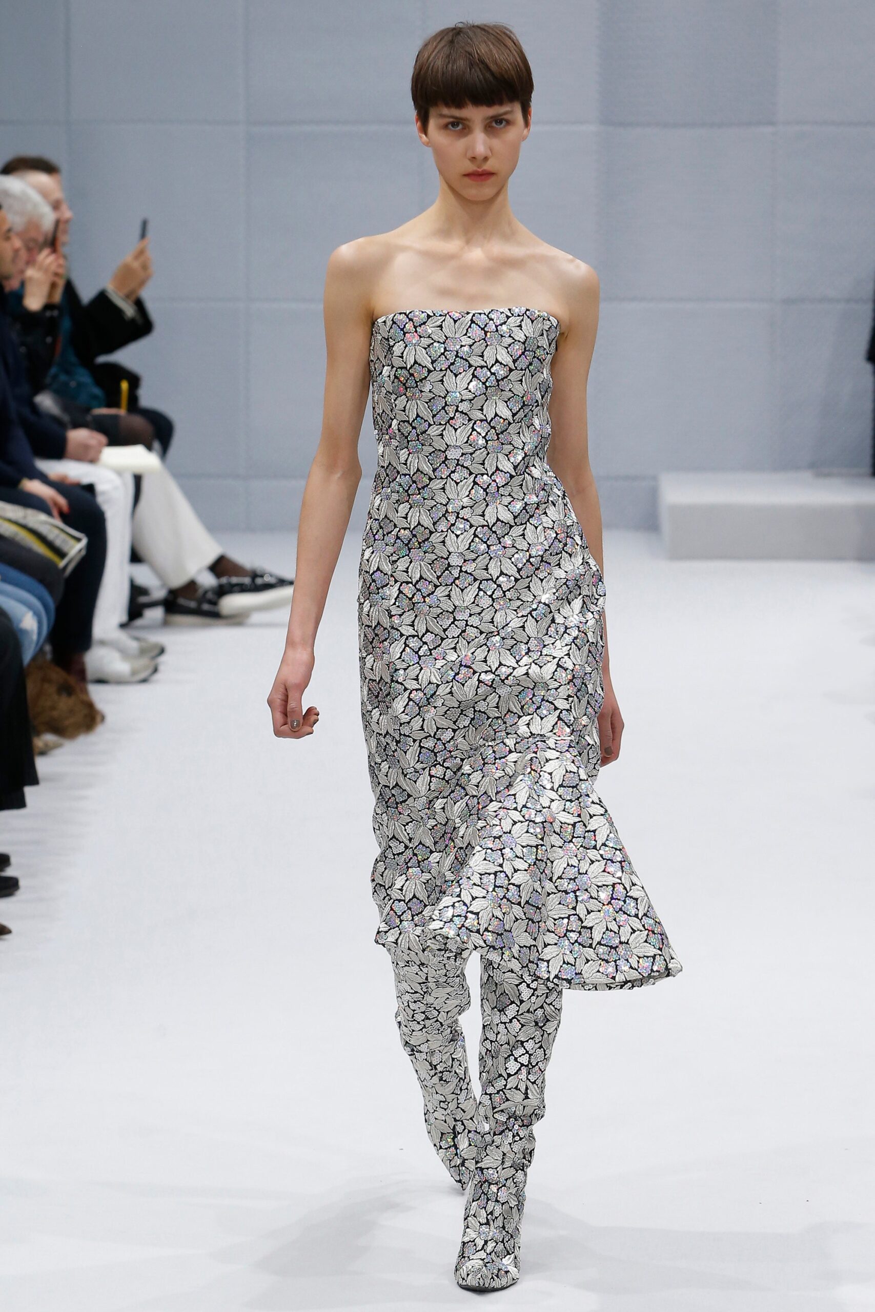 multi-colored strapless midi dress