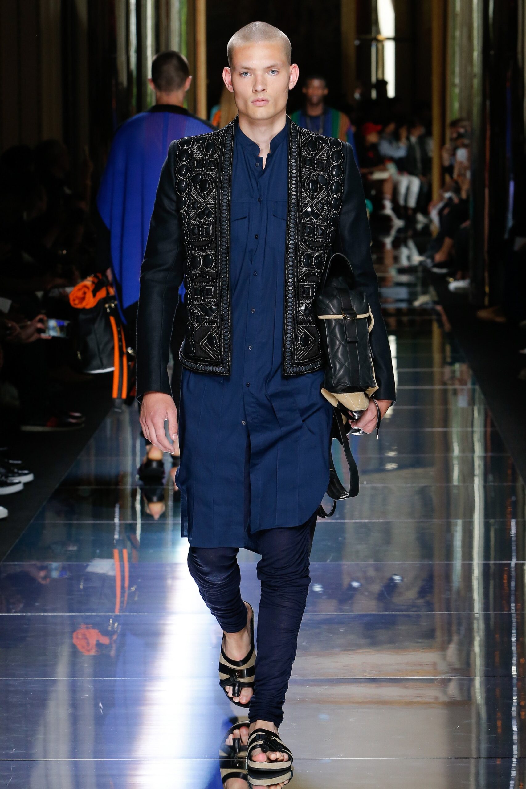 blue cotton shirt with black leather jacket