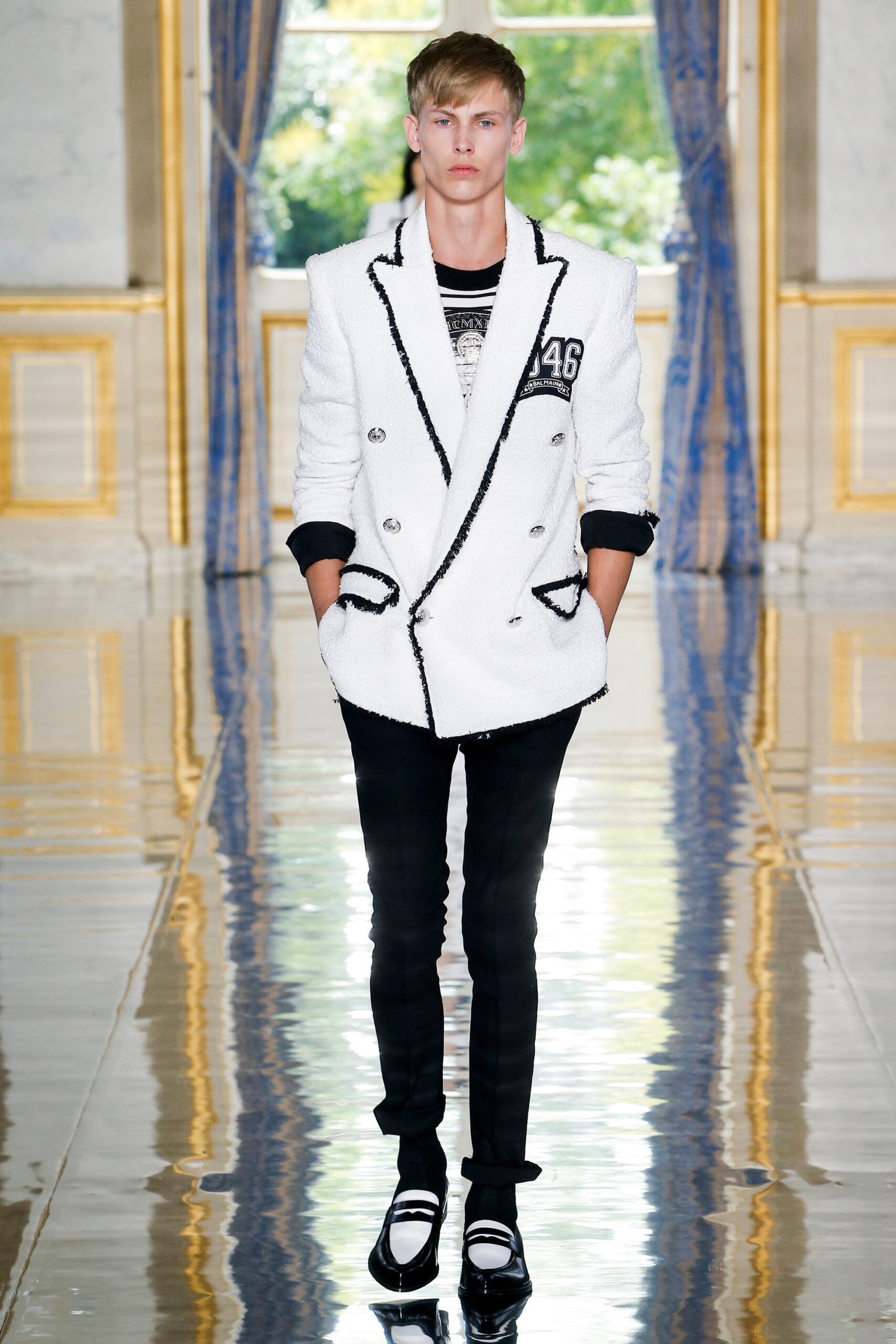 tailored white black blazer with slim pants
