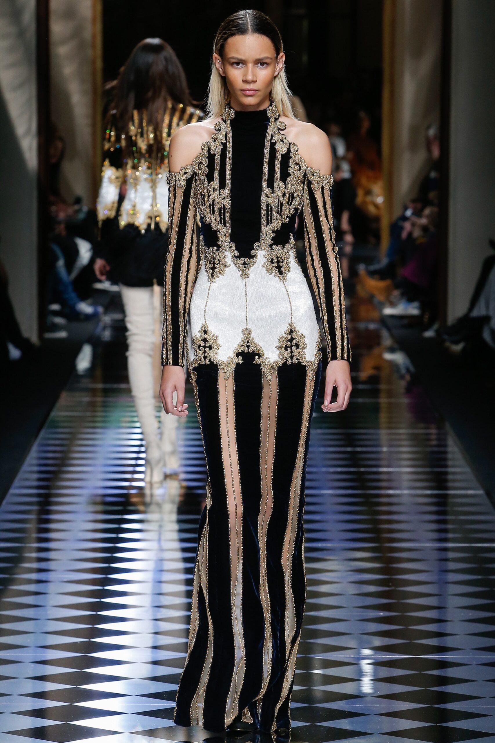 black and white embellished gown