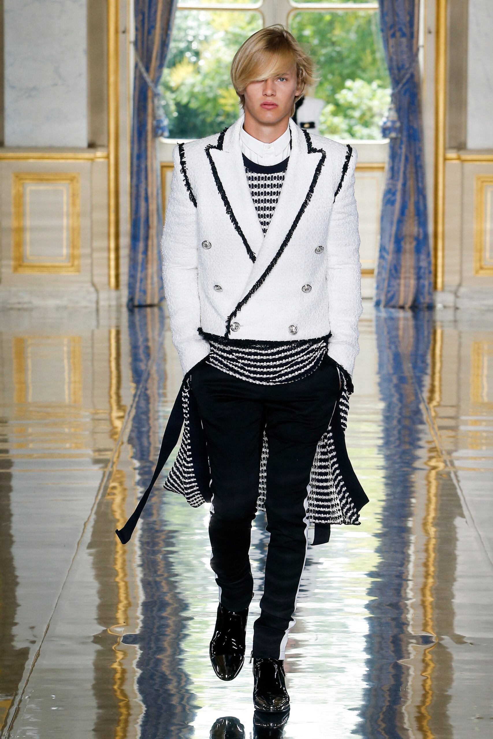white cotton long-sleeve collared tailored buttoned layered blazer