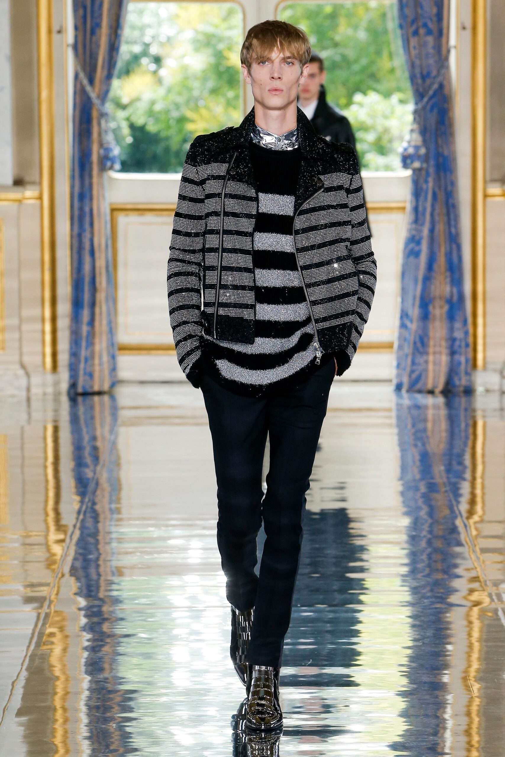 fitted black leather jacket with striped top