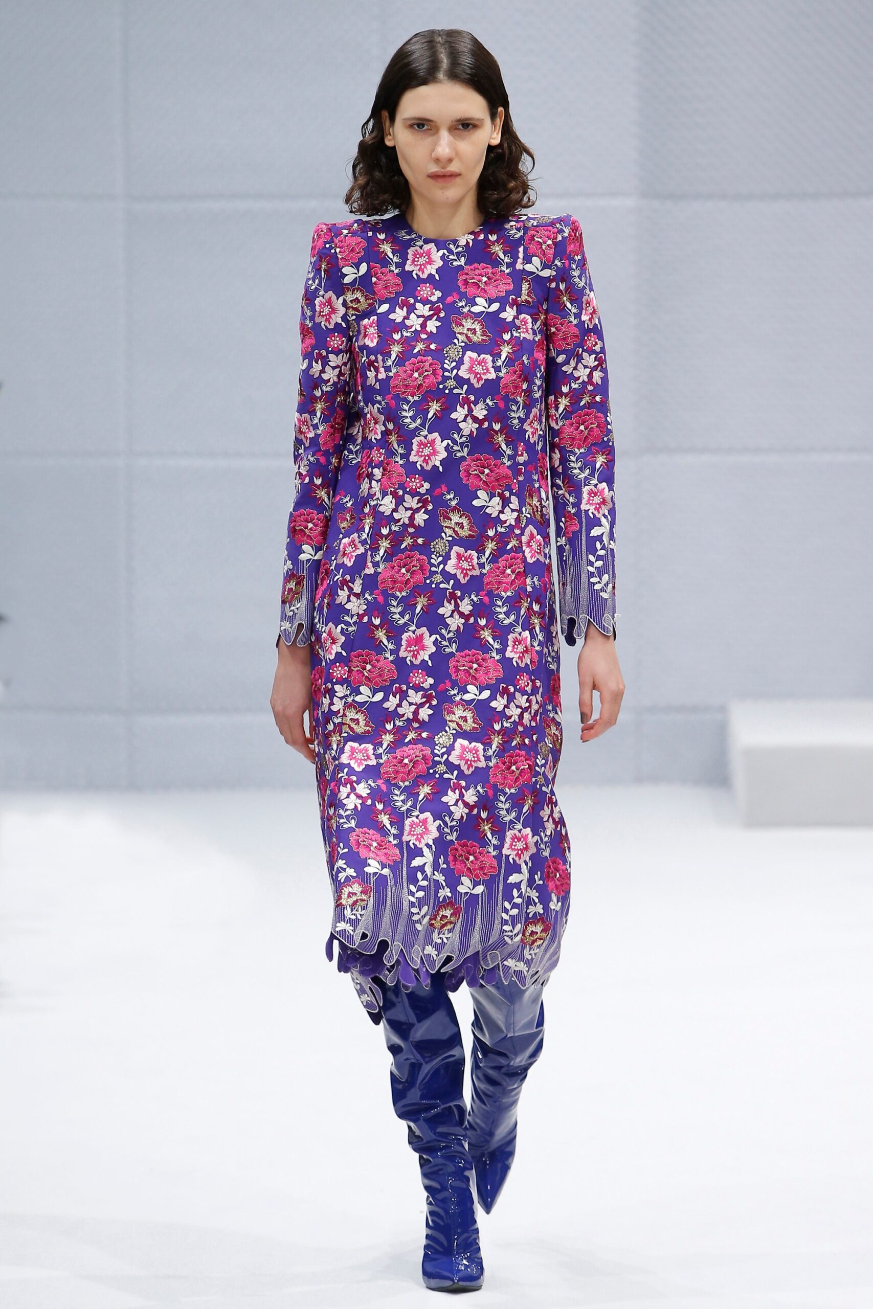 floral purple midi dress with blue boots
