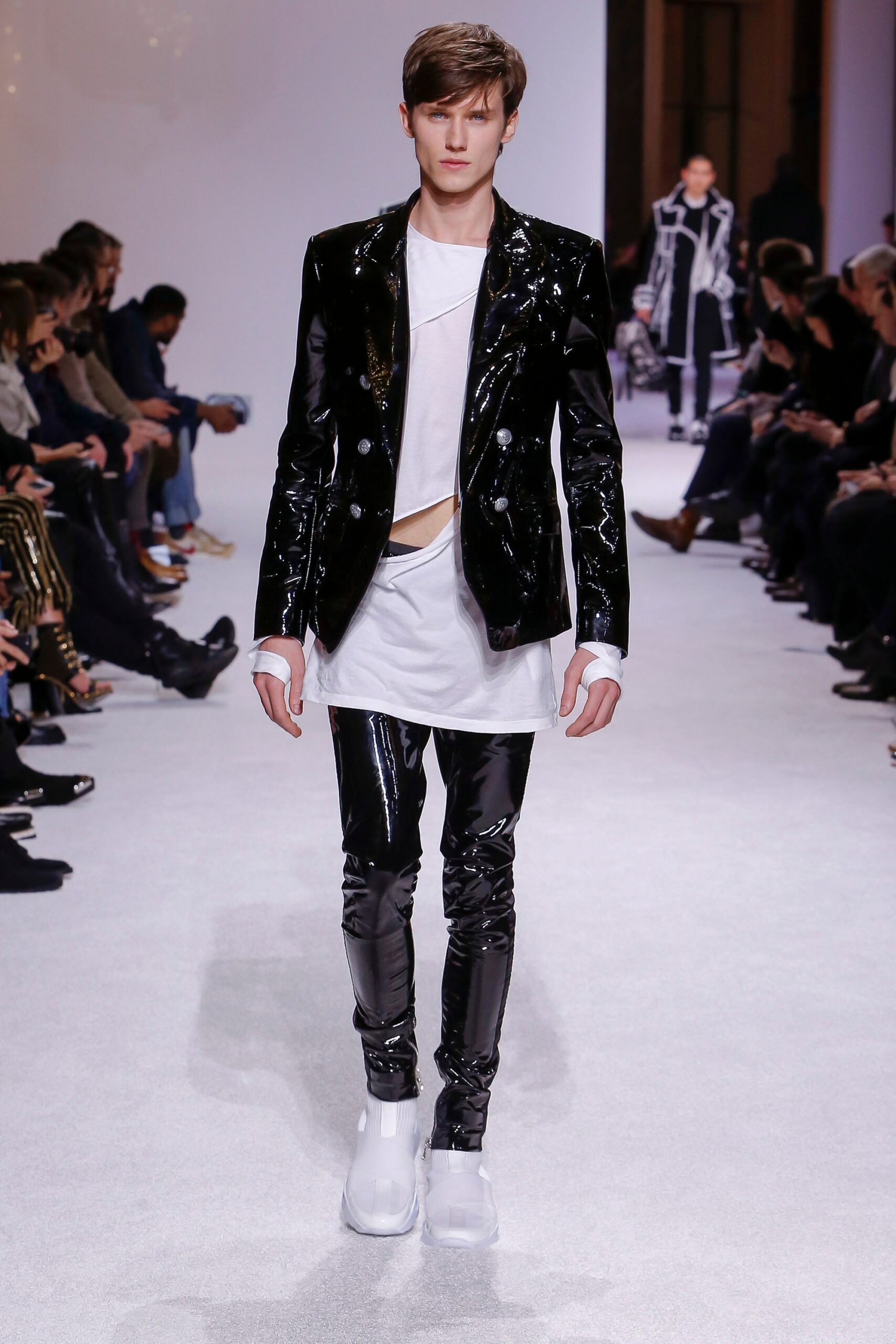 black vinyl blazer with white t-shirt