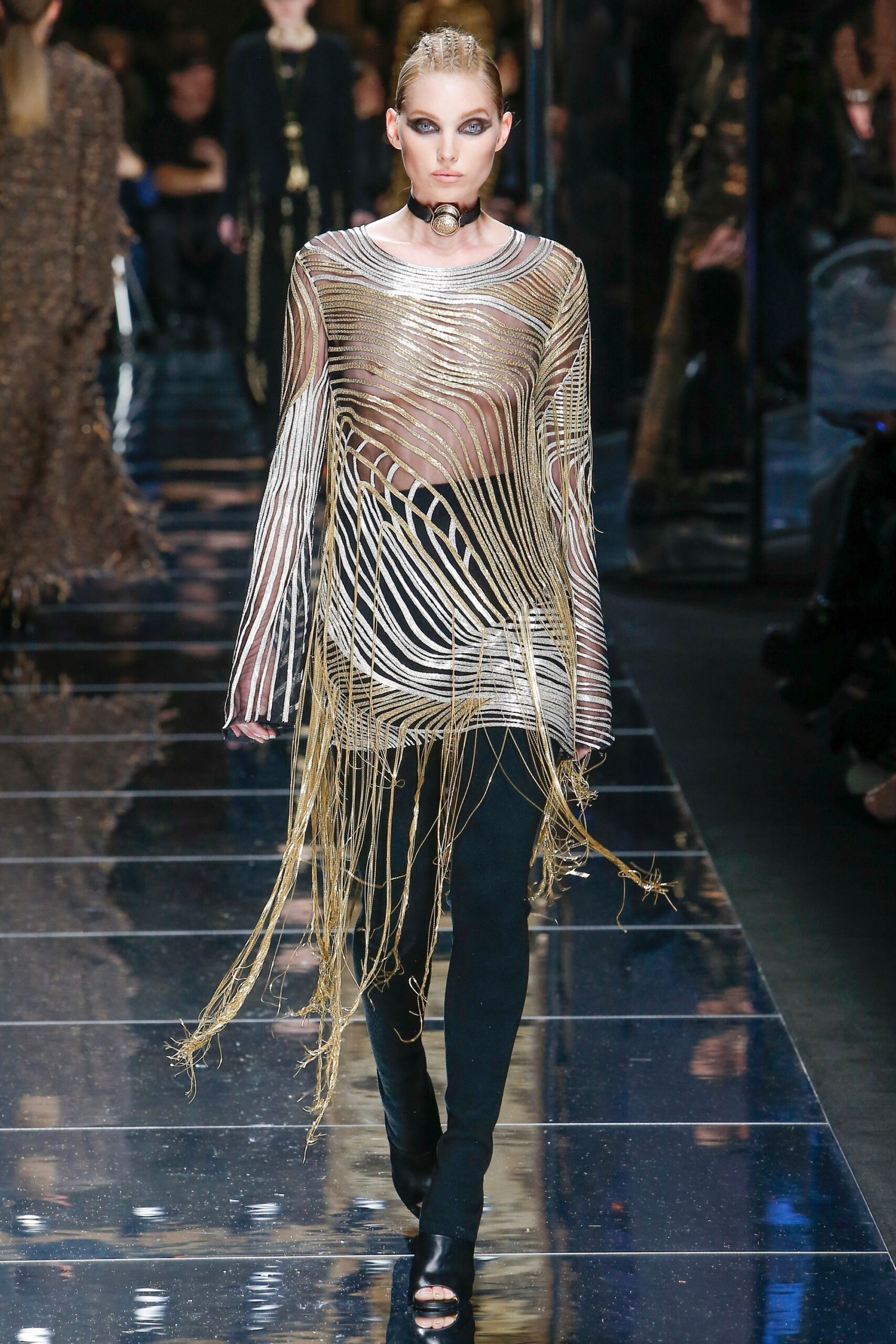 gold mesh fringe top with black pants