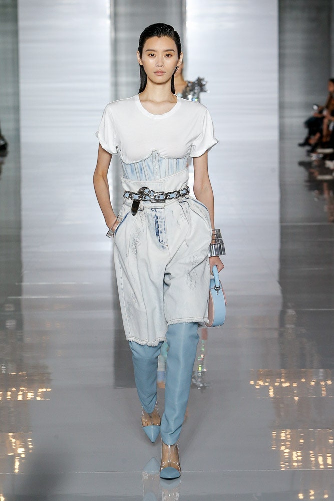 blue denim strapless fitted corset