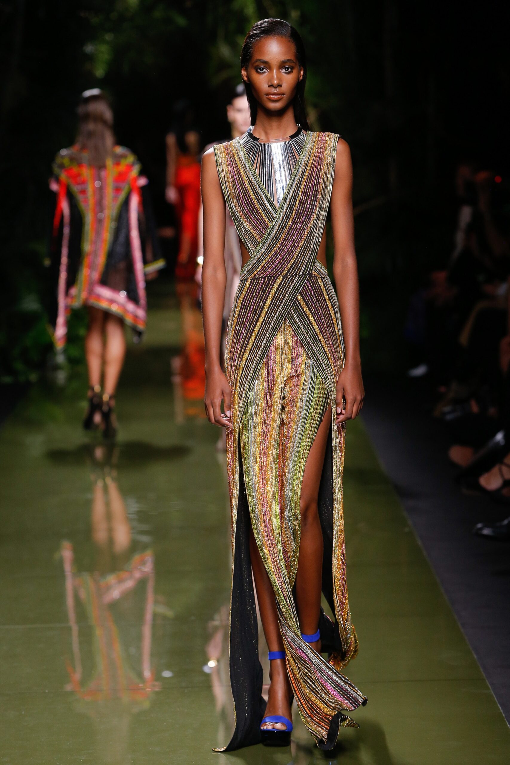 multi-colored shiny sleeveless gown