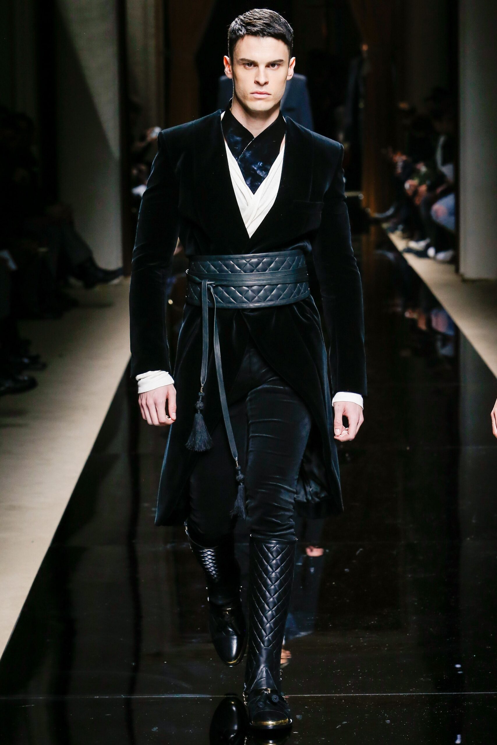 black velvet long-sleeve v-neck fitted draped belted coat
