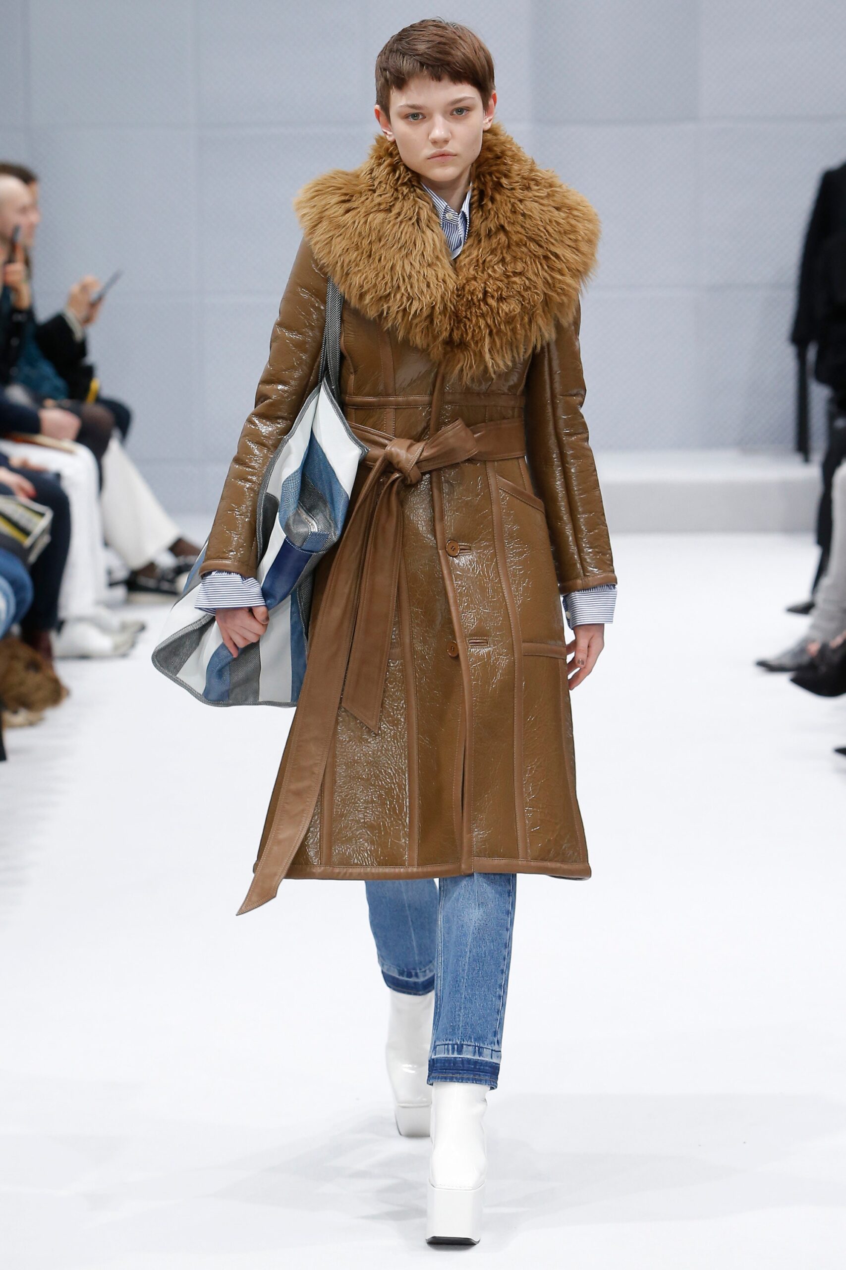 brown leather long-sleeve collared fitted belted textured coat
