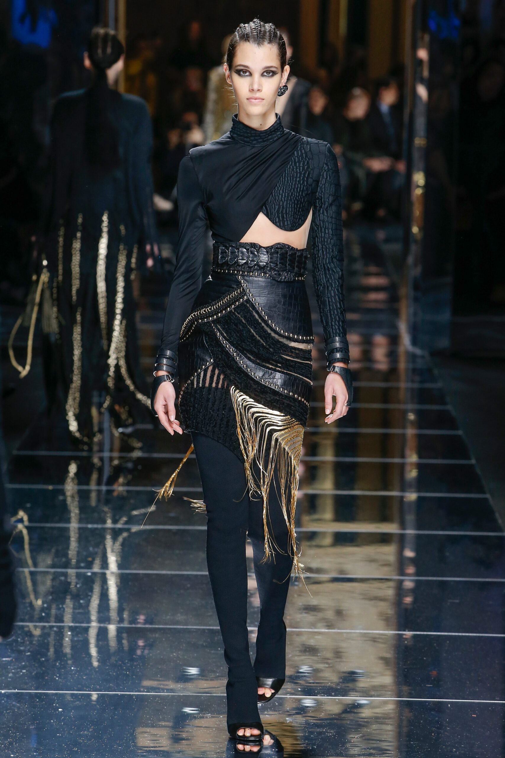 black fitted dress with fringes